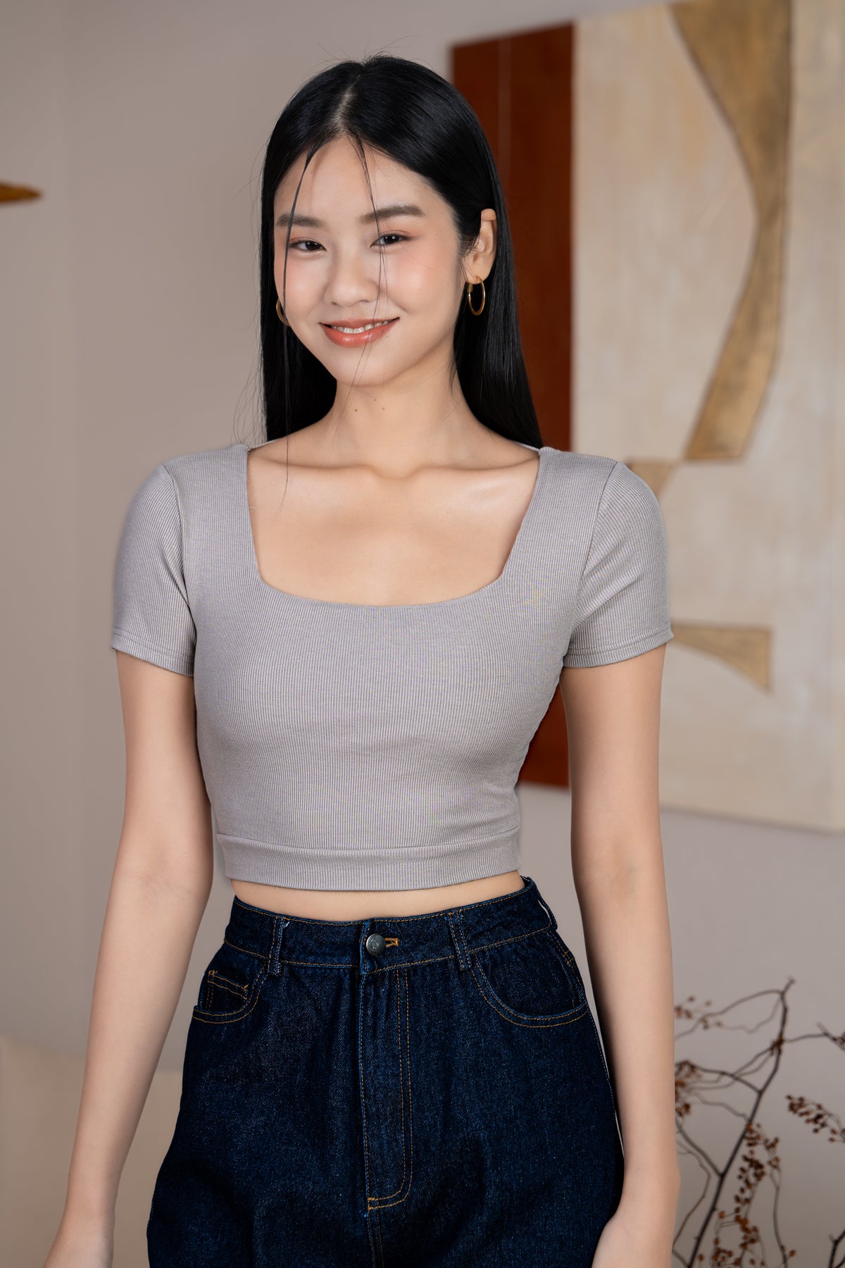 Scoop-Back Ribbed Cropped Top in Taupe