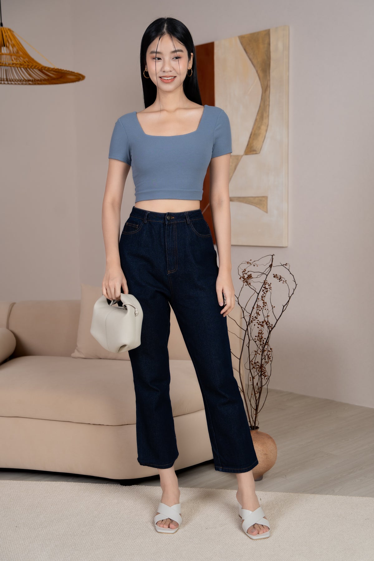 Scoop-Back Ribbed Cropped Top in Dusk Blue