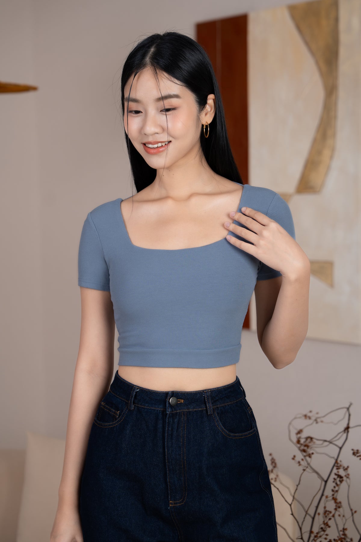 Scoop-Back Ribbed Cropped Top in Dusk Blue