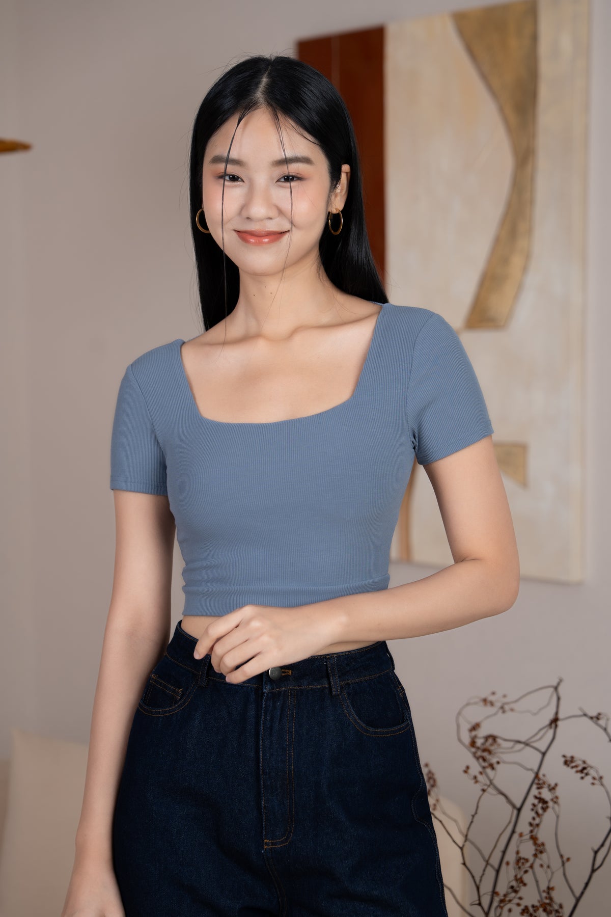 Scoop-Back Ribbed Cropped Top in Dusk Blue