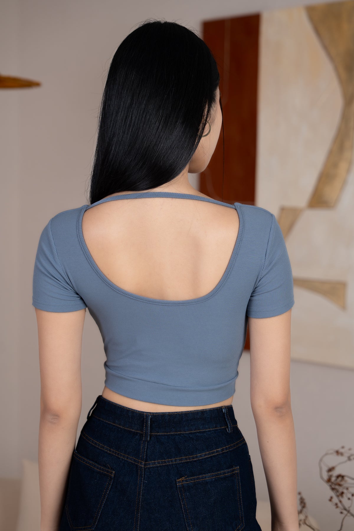 Scoop-Back Ribbed Cropped Top in Dusk Blue