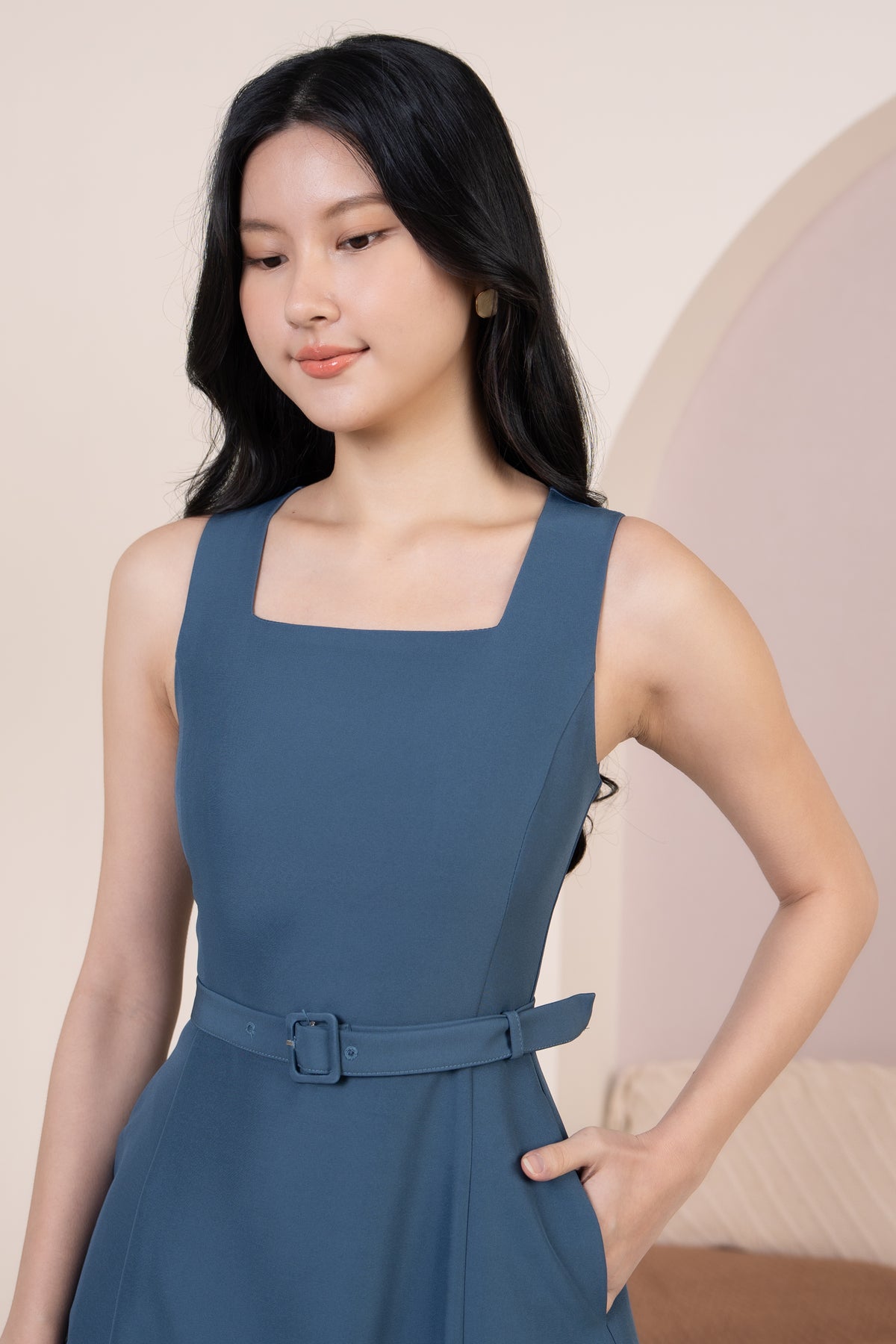 Jane Square Neck A-line Dress in Muted Blue