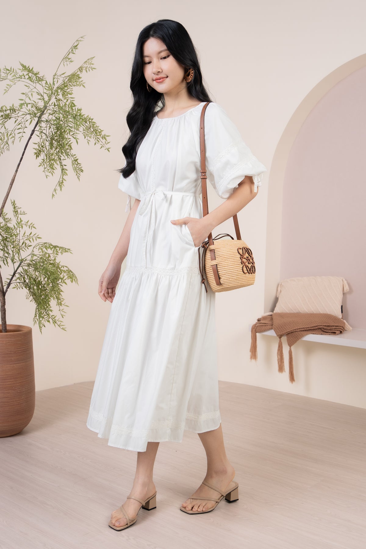 Barbara Crochet-Detailed Drophem Dress in White