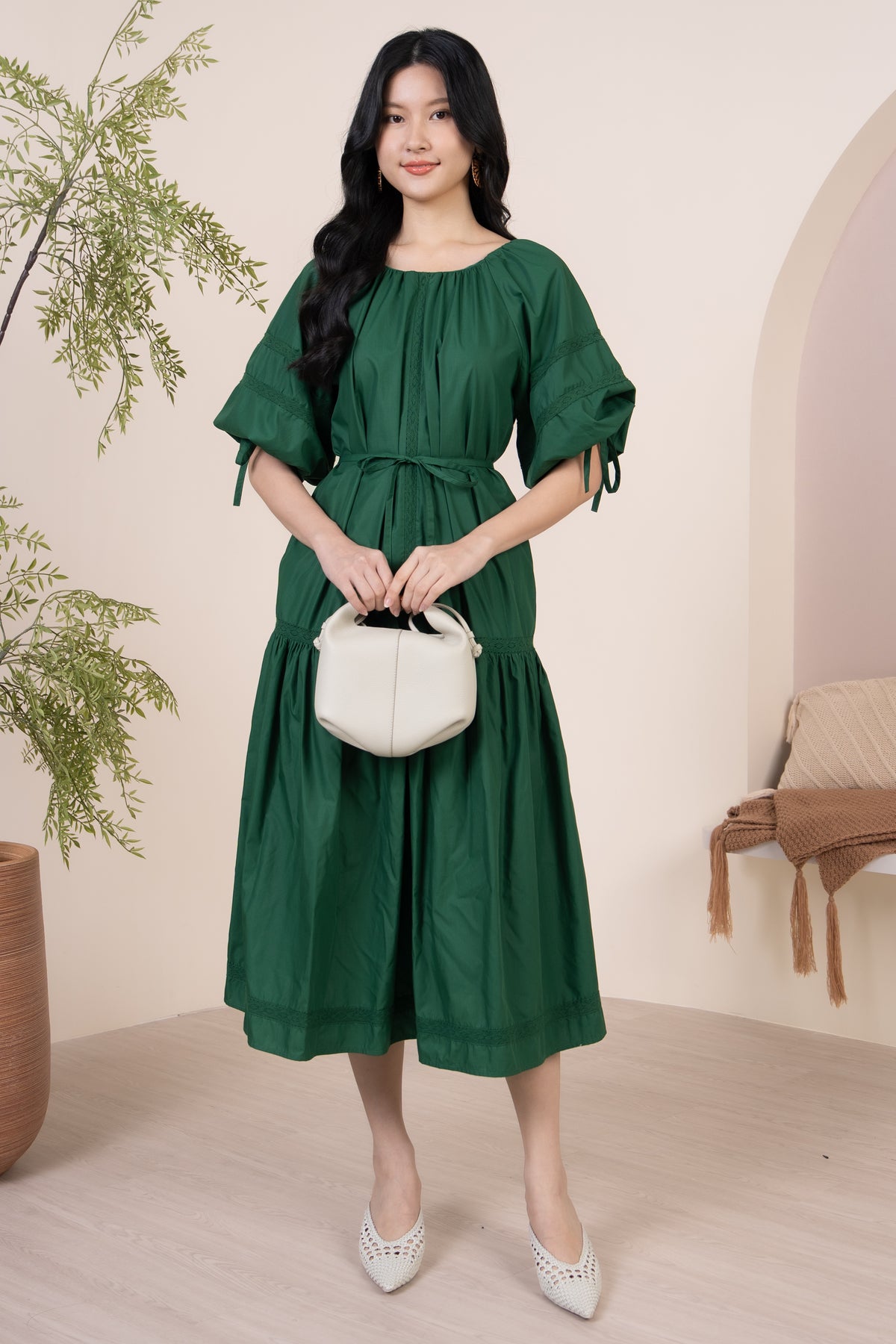 Barbara Crochet-Detailed Drophem Dress in Forest