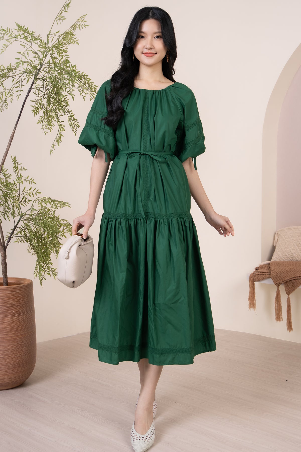 Barbara Crochet-Detailed Drophem Dress in Forest