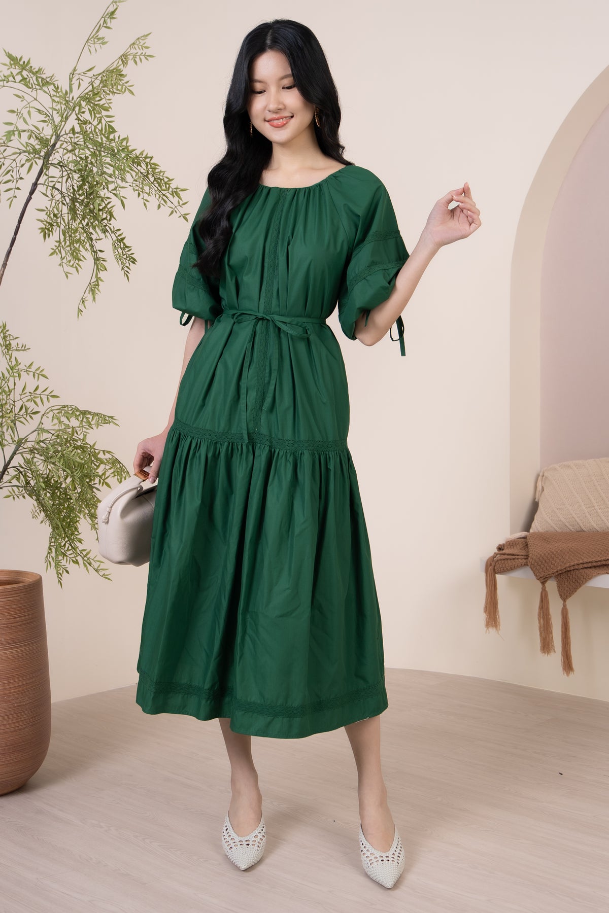 Barbara Crochet-Detailed Drophem Dress in Forest