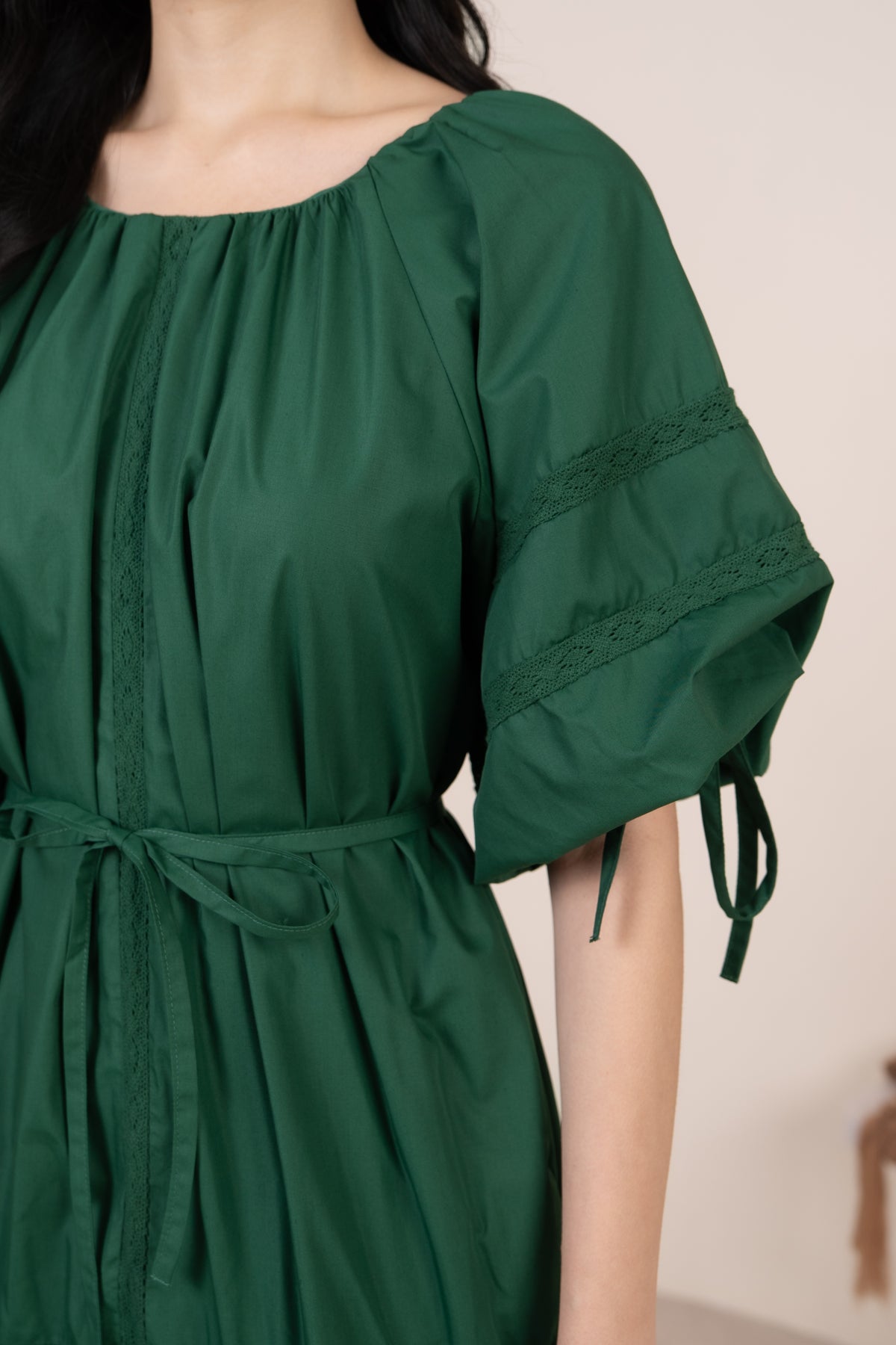 Barbara Crochet-Detailed Drophem Dress in Forest