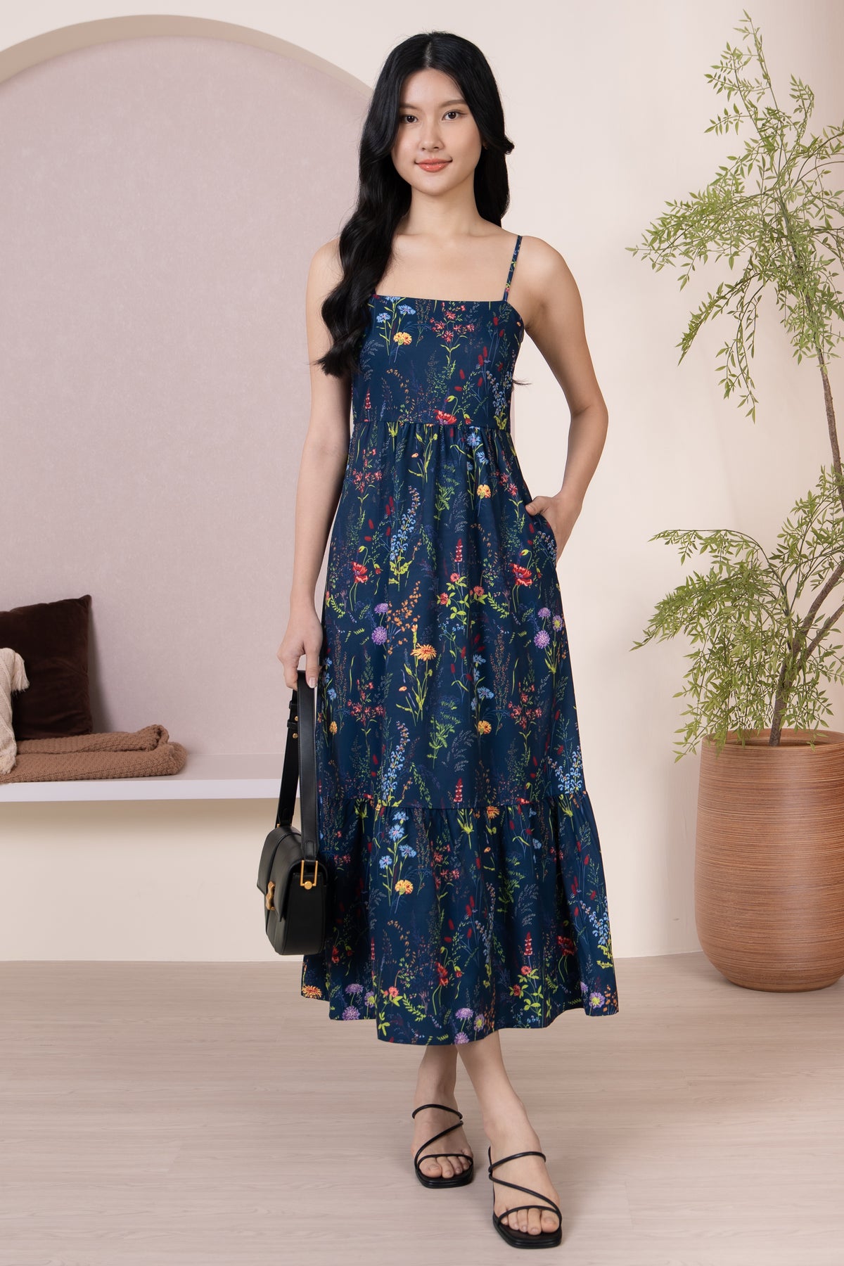 Flower Field Strappy Drophem Dress in Navy