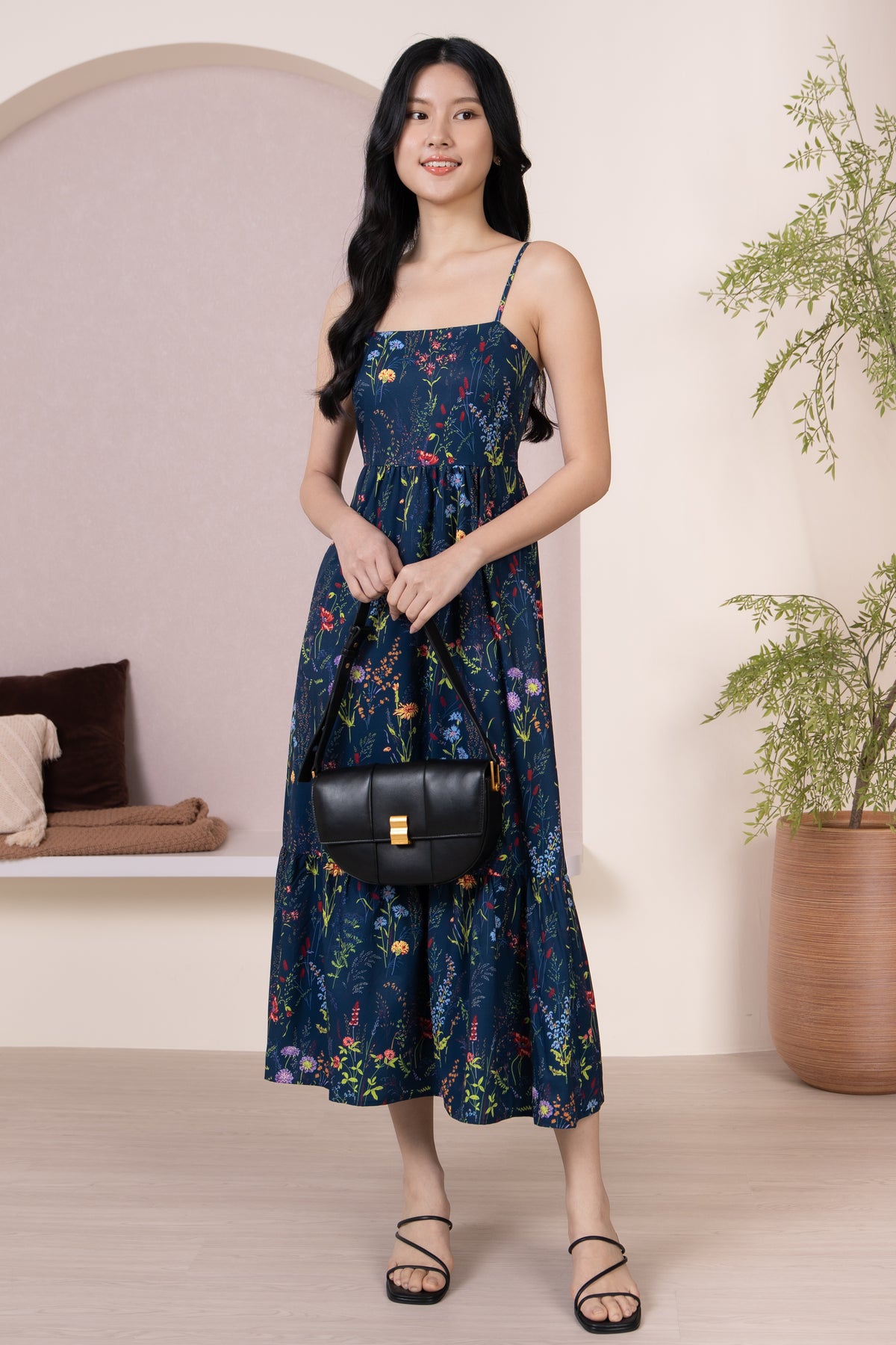 Flower Field Strappy Drophem Dress in Navy