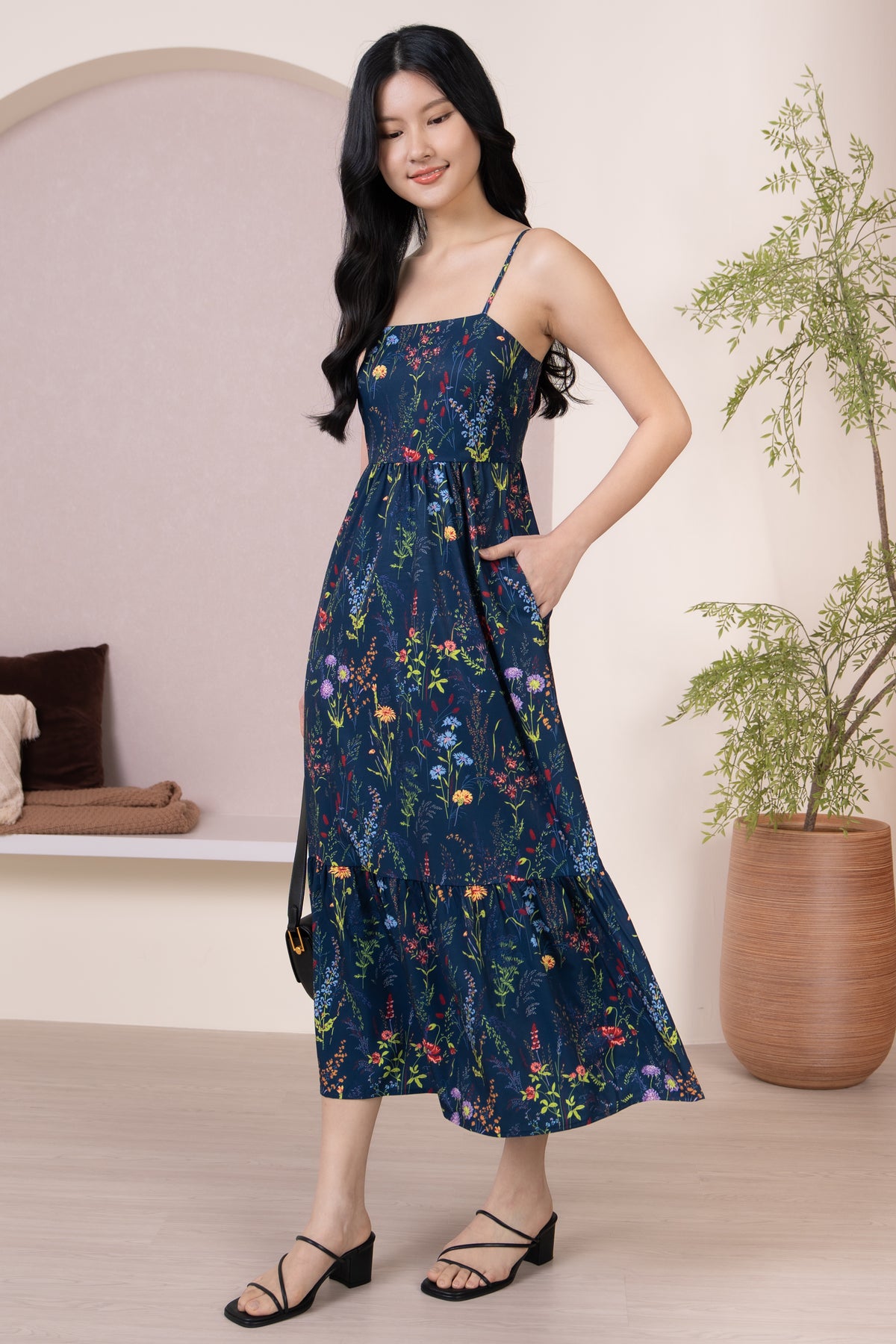 Flower Field Strappy Drophem Dress in Navy