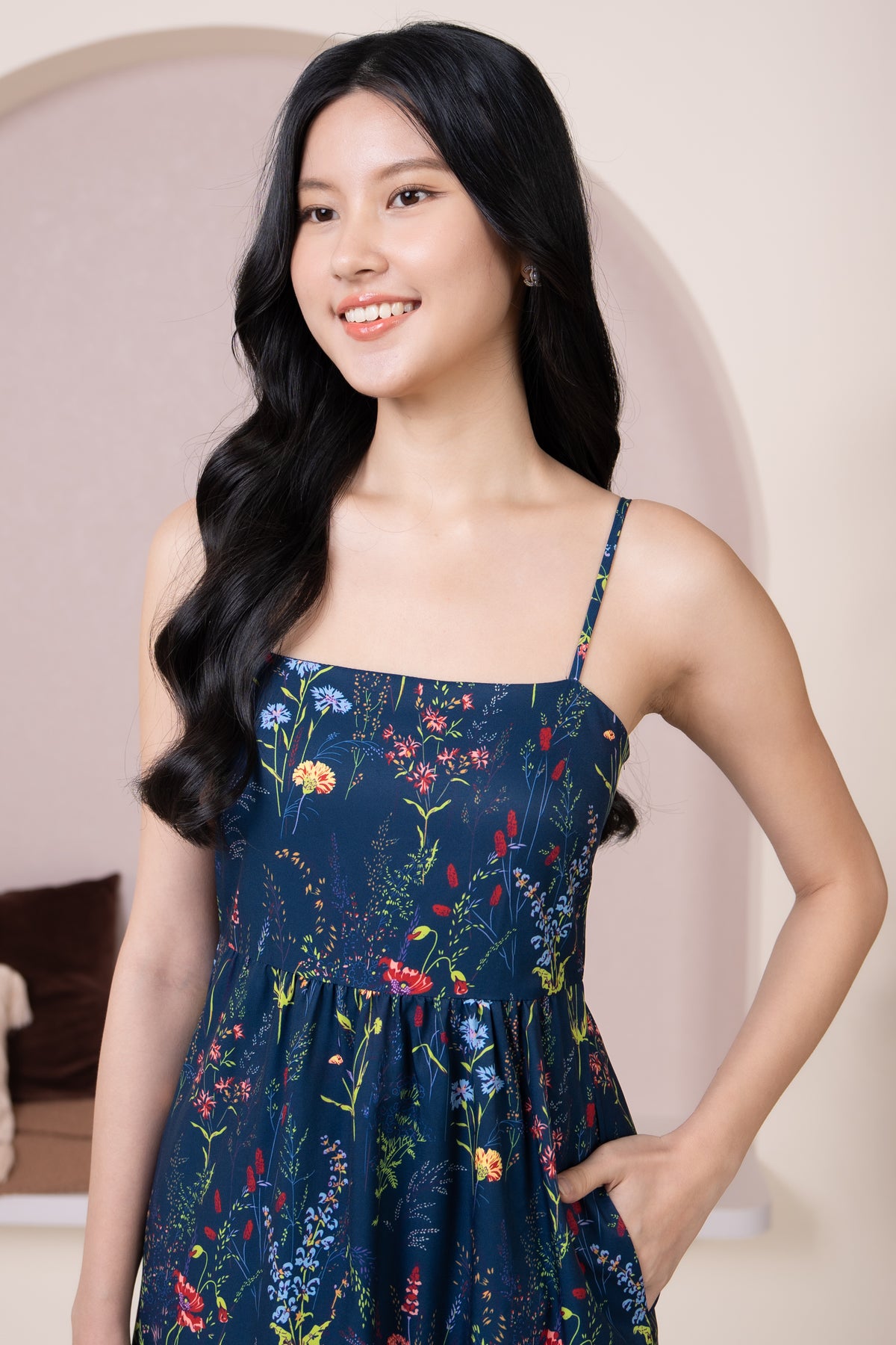 Flower Field Strappy Drophem Dress in Navy