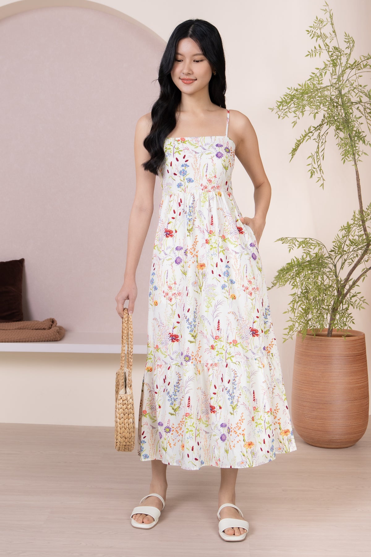 Flower Field Strappy Drophem Dress in White