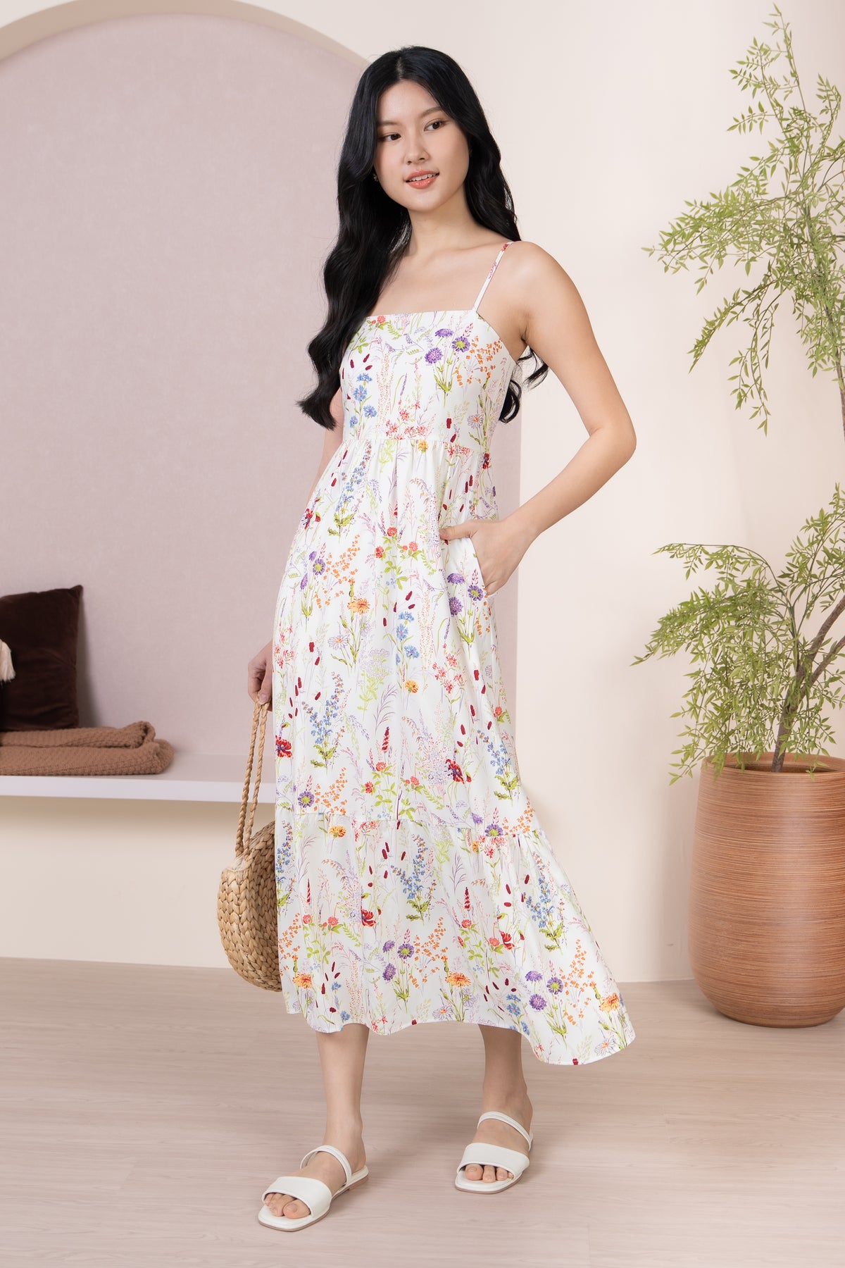Flower Field Strappy Drophem Dress in White