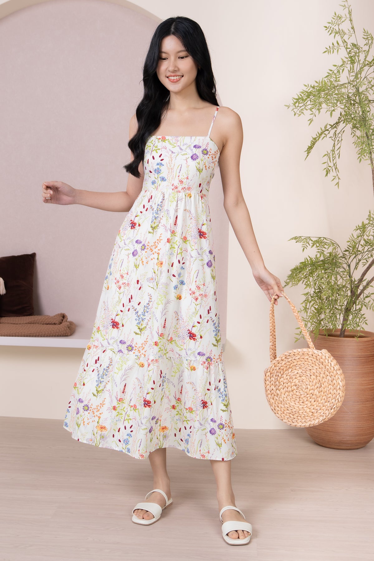 Flower Field Strappy Drophem Dress in White