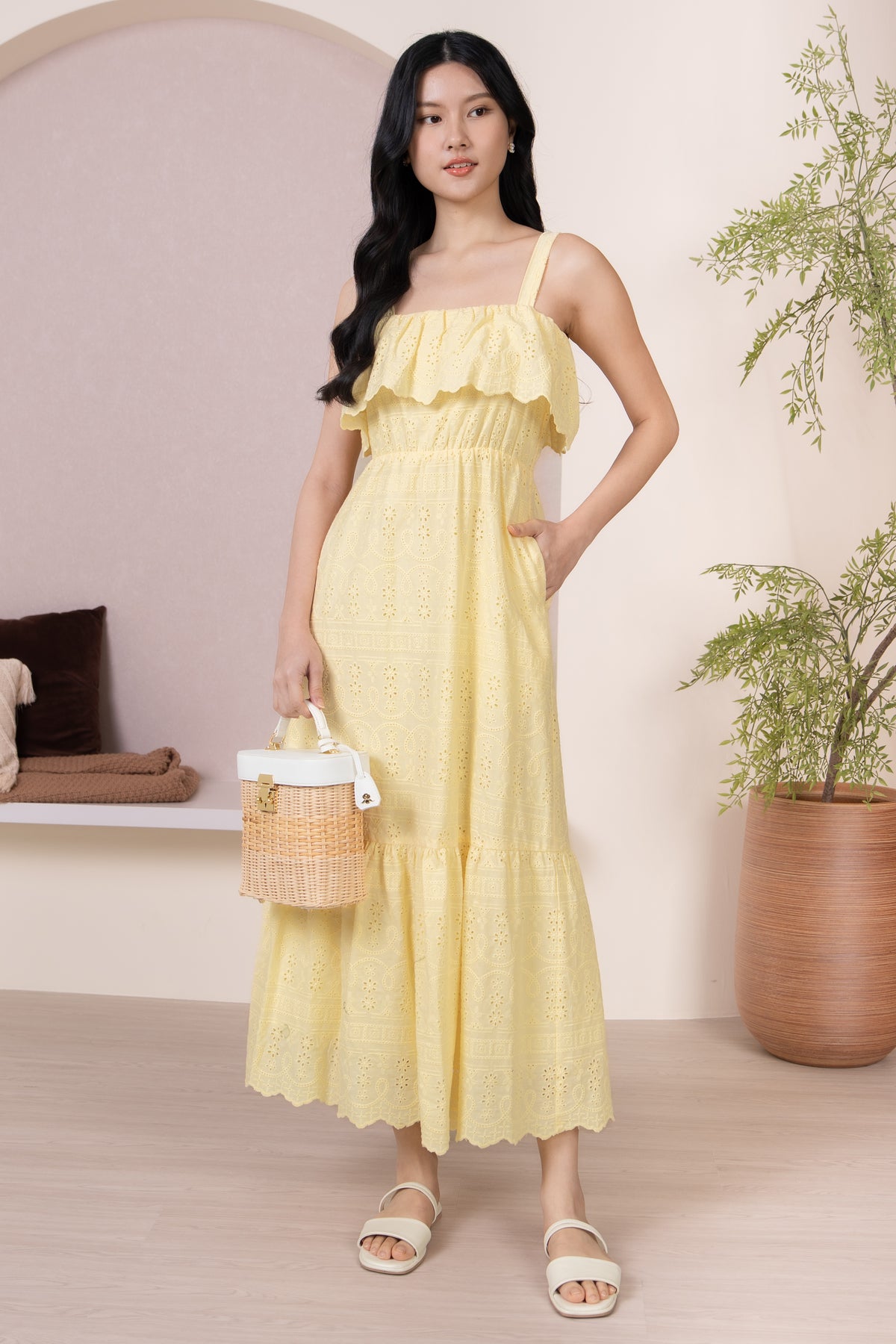 Rosetta Eyelet Overlay Drophem Dress in Yellow