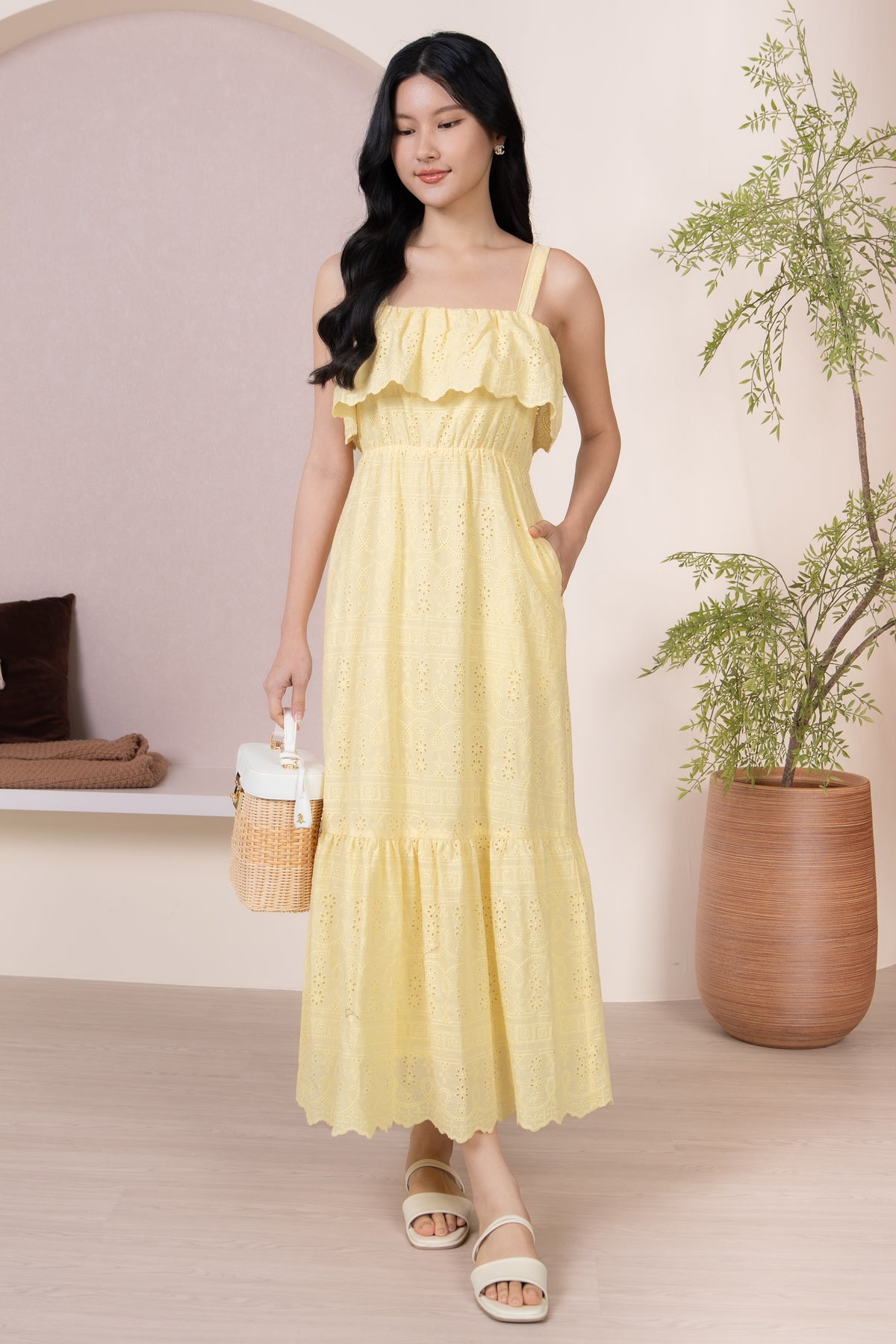 Rosetta Eyelet Overlay Drophem Dress in Yellow