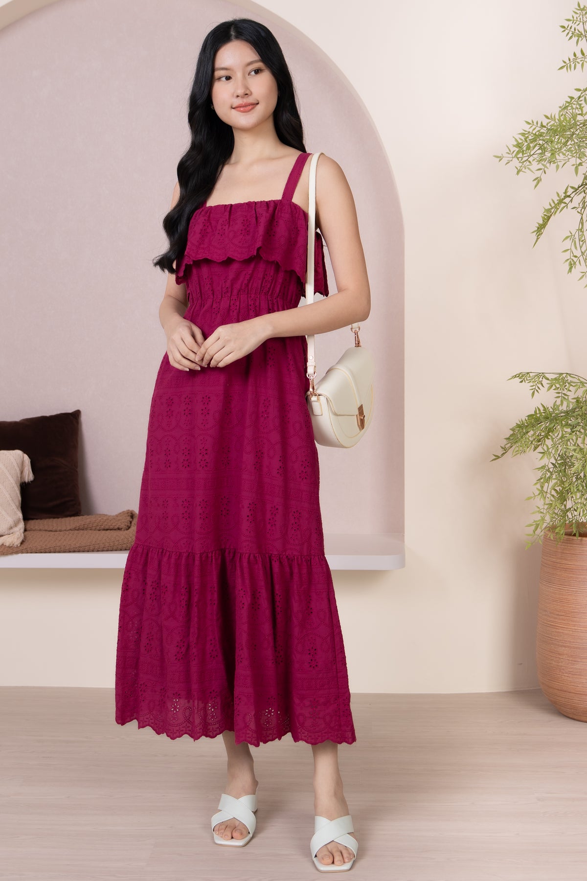 Rosetta Eyelet Overlay Drophem Dress in Magenta