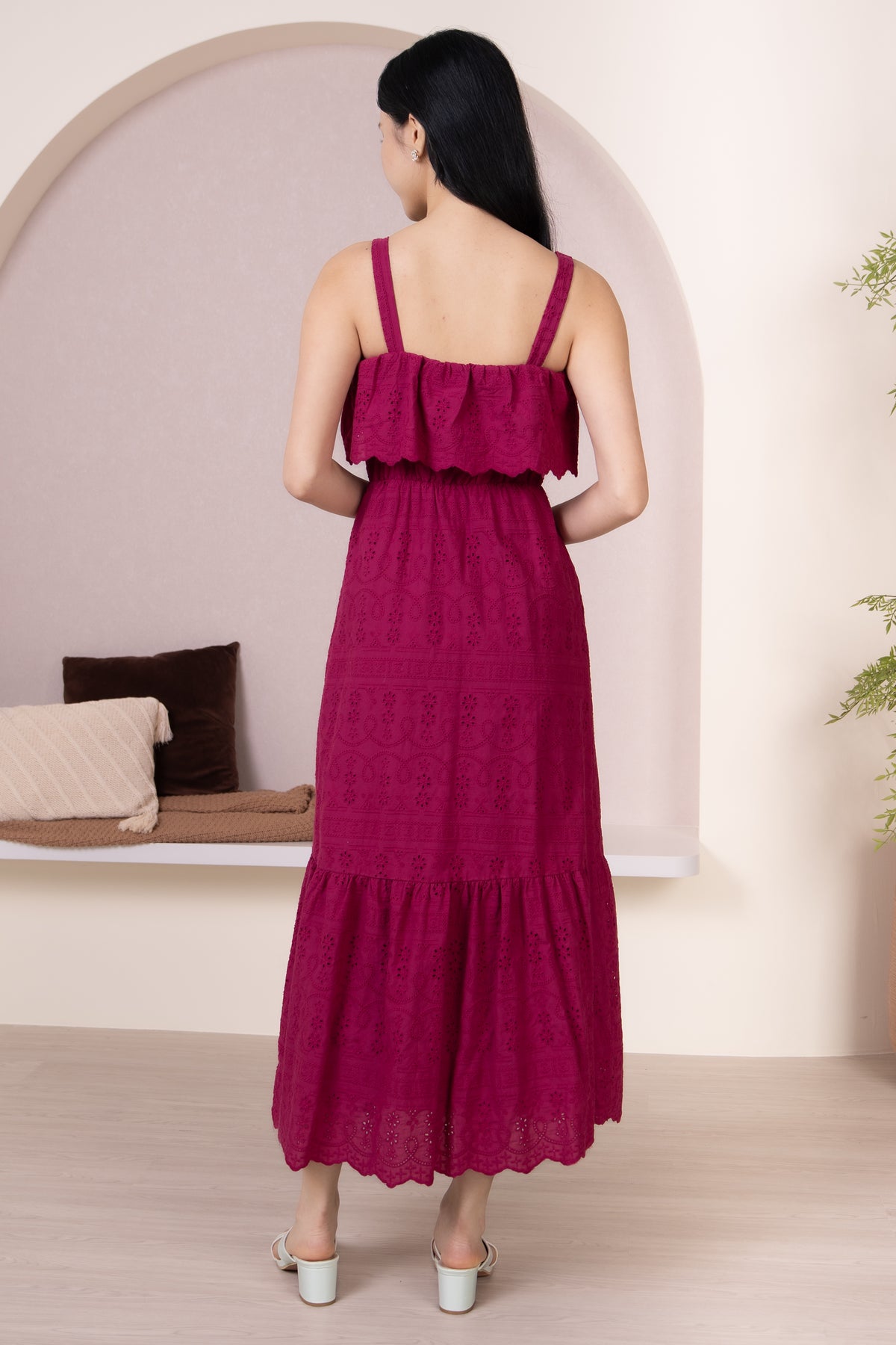 Rosetta Eyelet Overlay Drophem Dress in Magenta