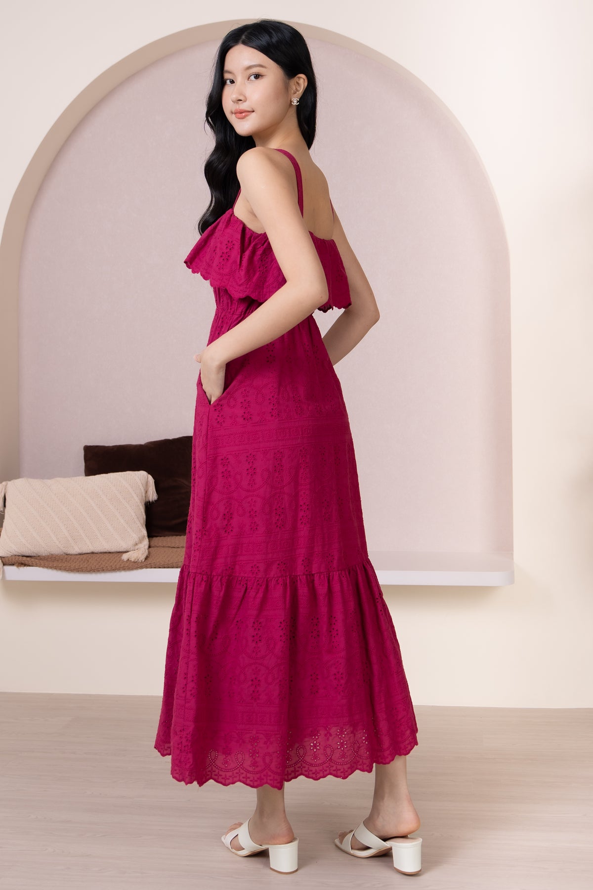 Rosetta Eyelet Overlay Drophem Dress in Magenta