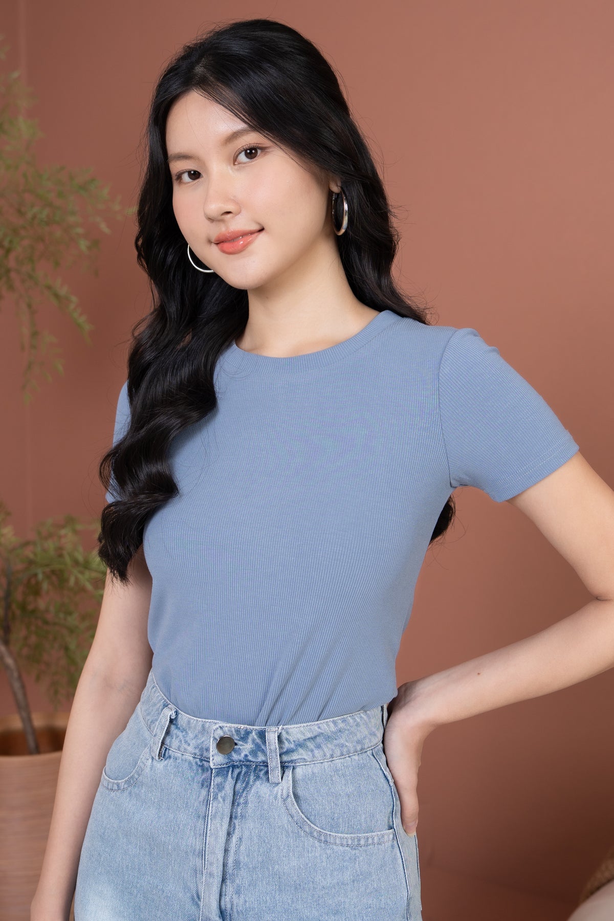 Basic Ribbed Tee in Blue