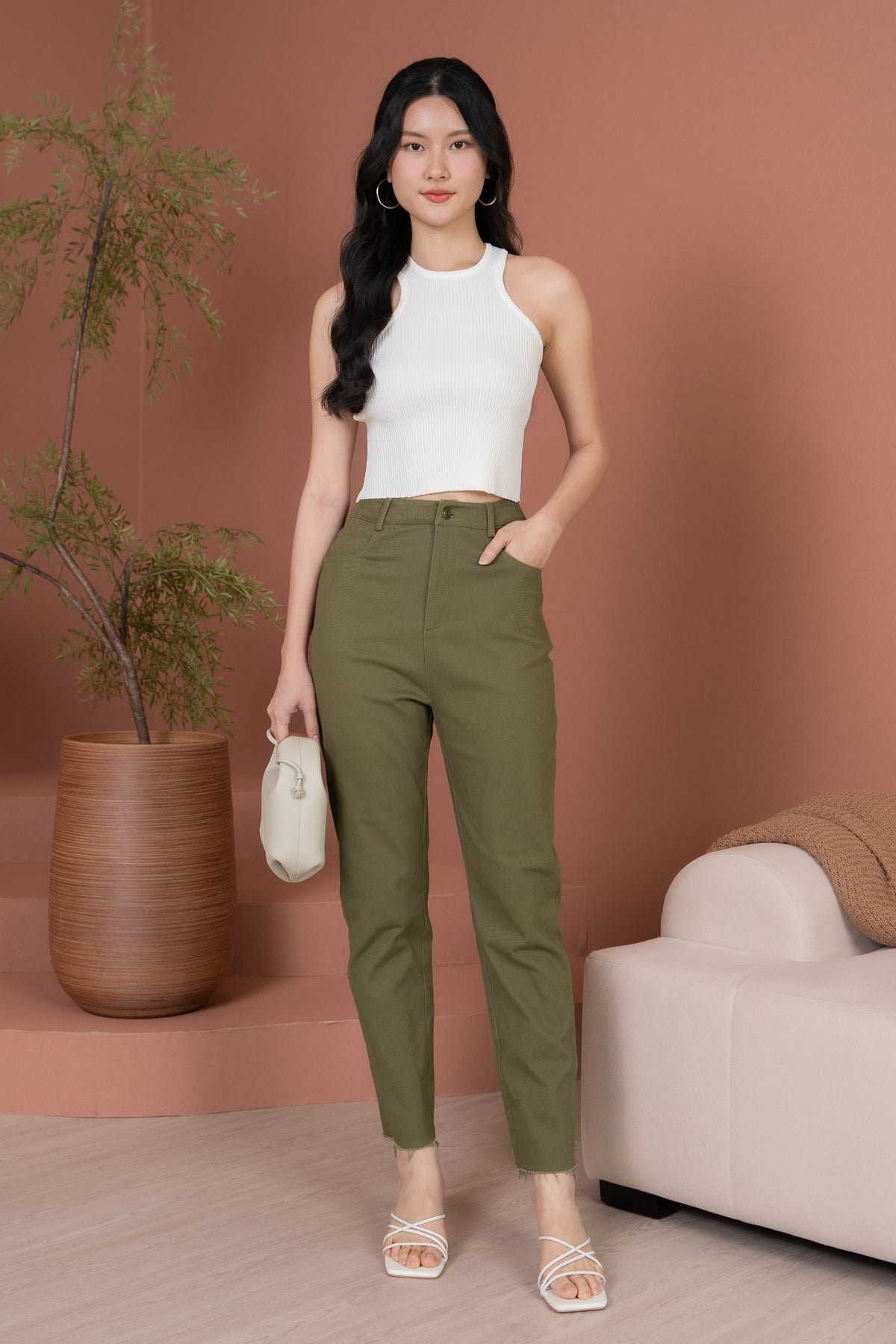 Simone High-Waisted Raw Hem Jeans in Olive