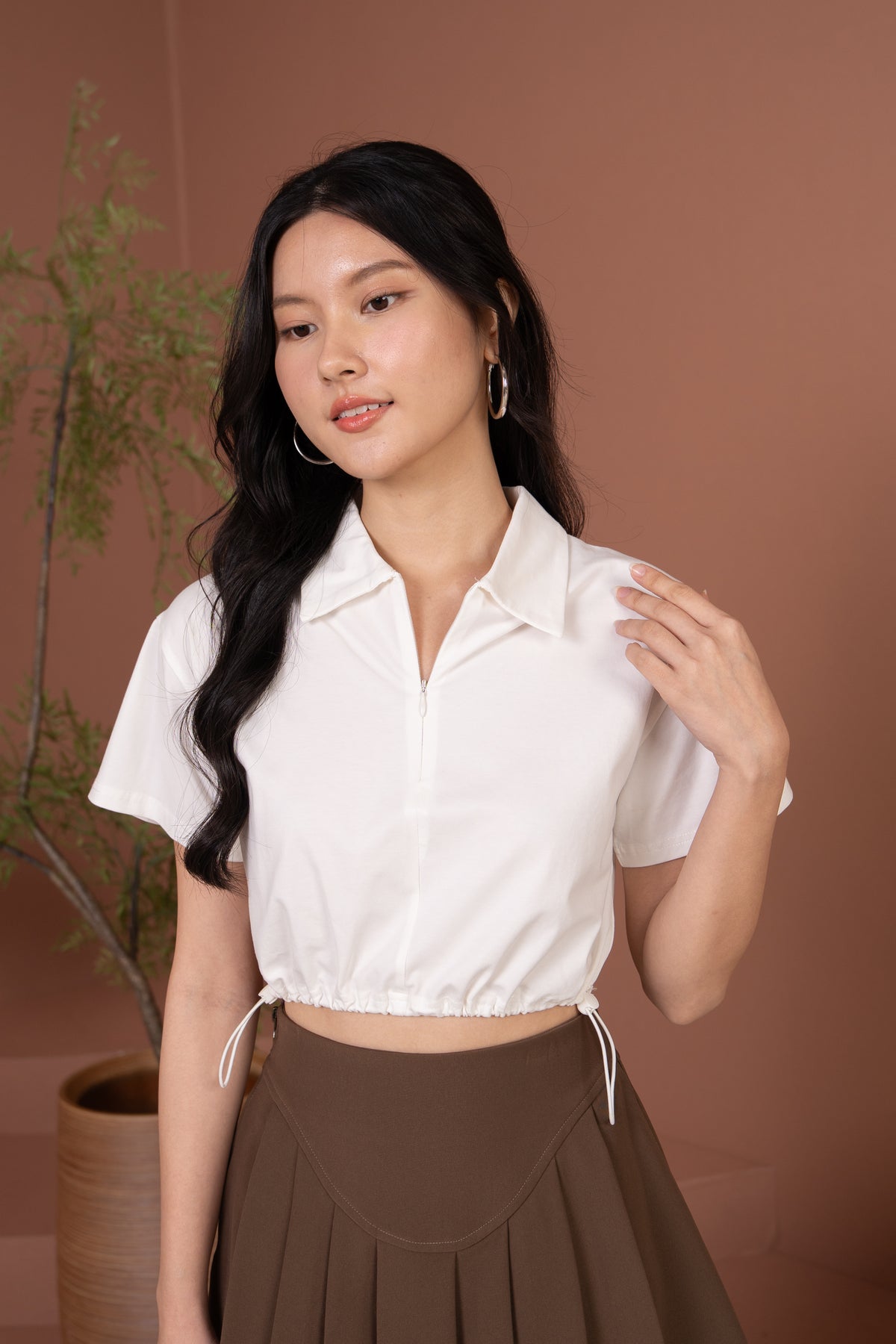 Brooke Zipper Collar Top in White