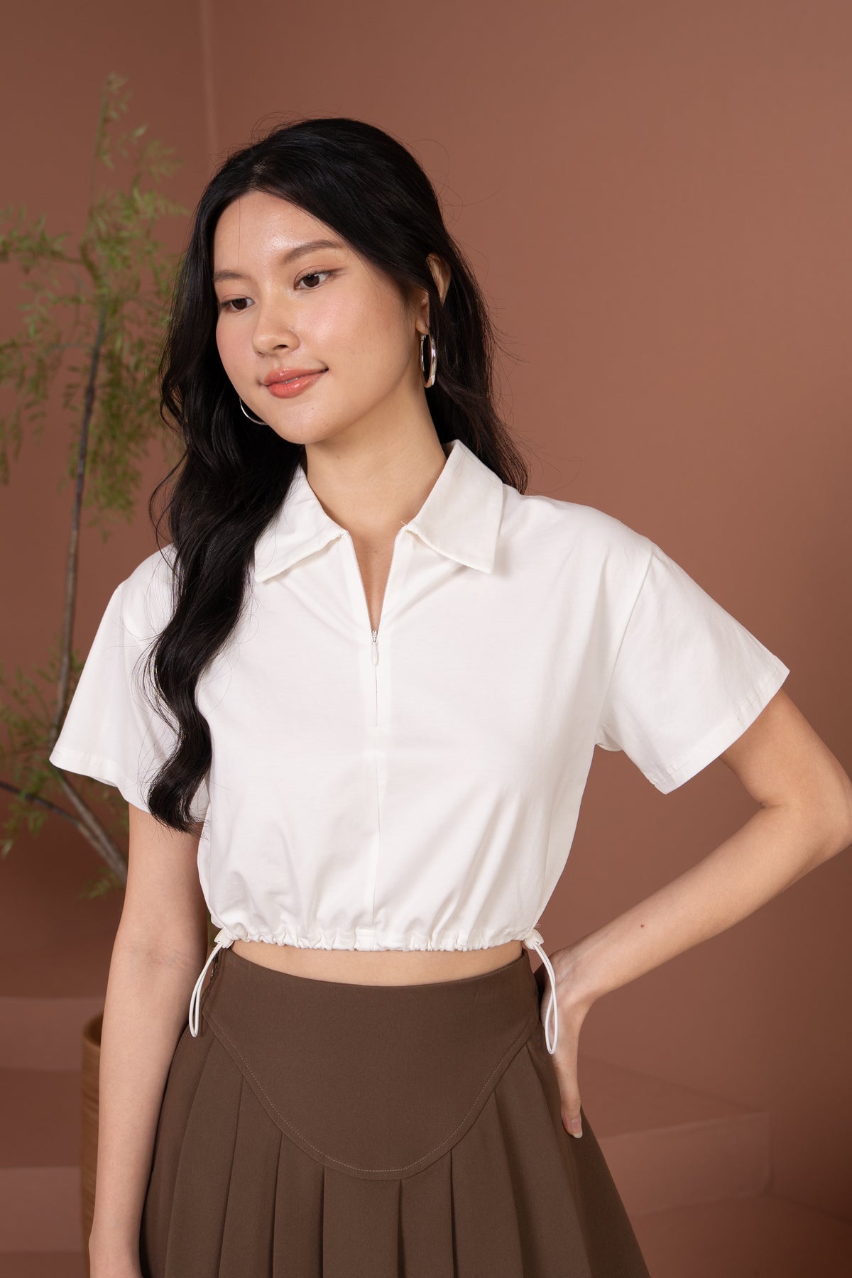 Brooke Zipper Collar Top in White