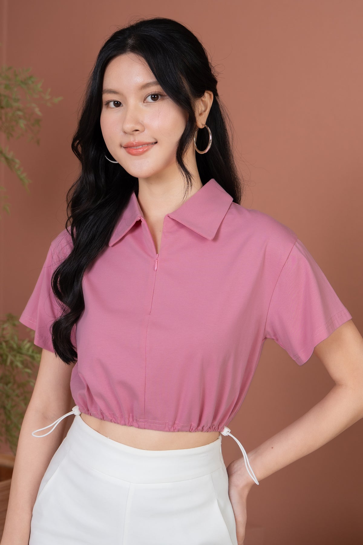 Brooke Zipper Collar Top in Pink