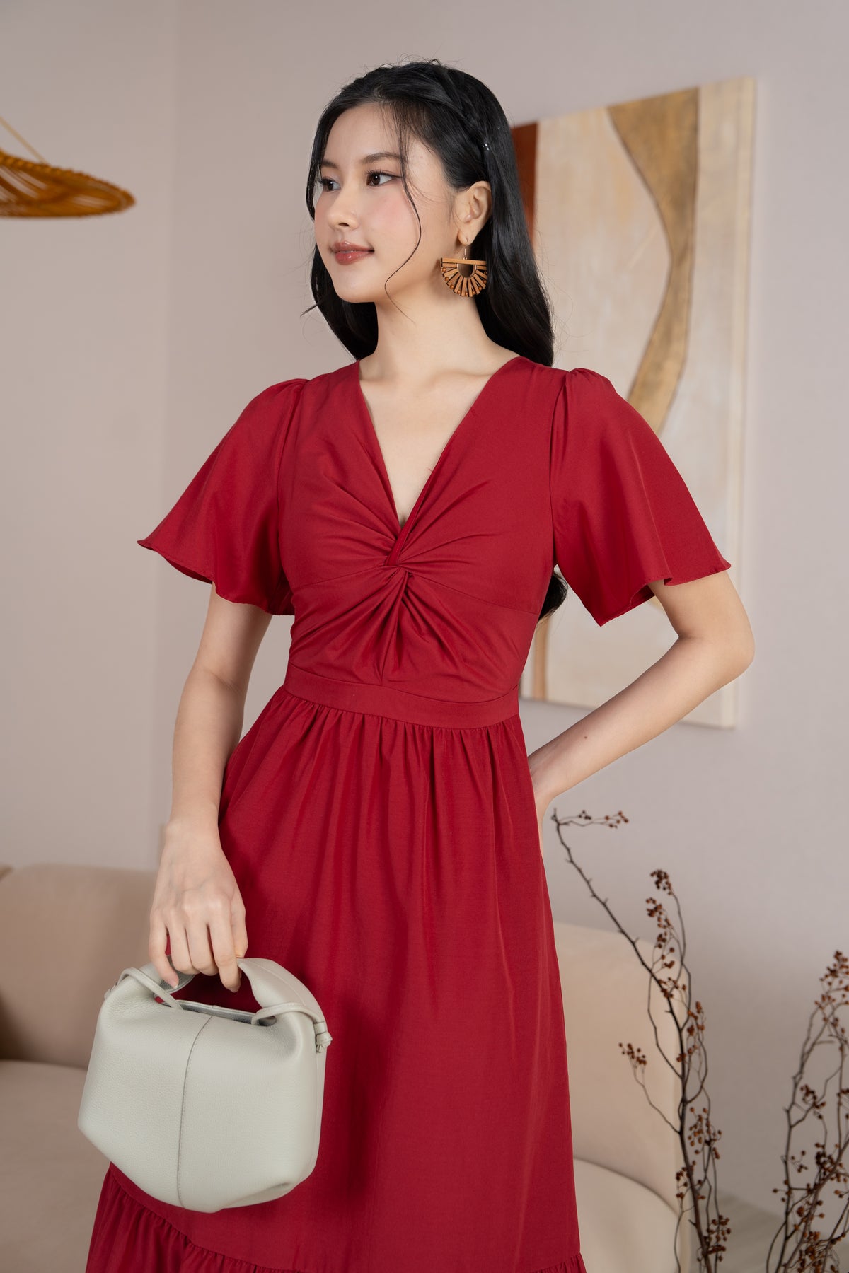 Emma Knot-Front Flutter Sleeves Dress in Red