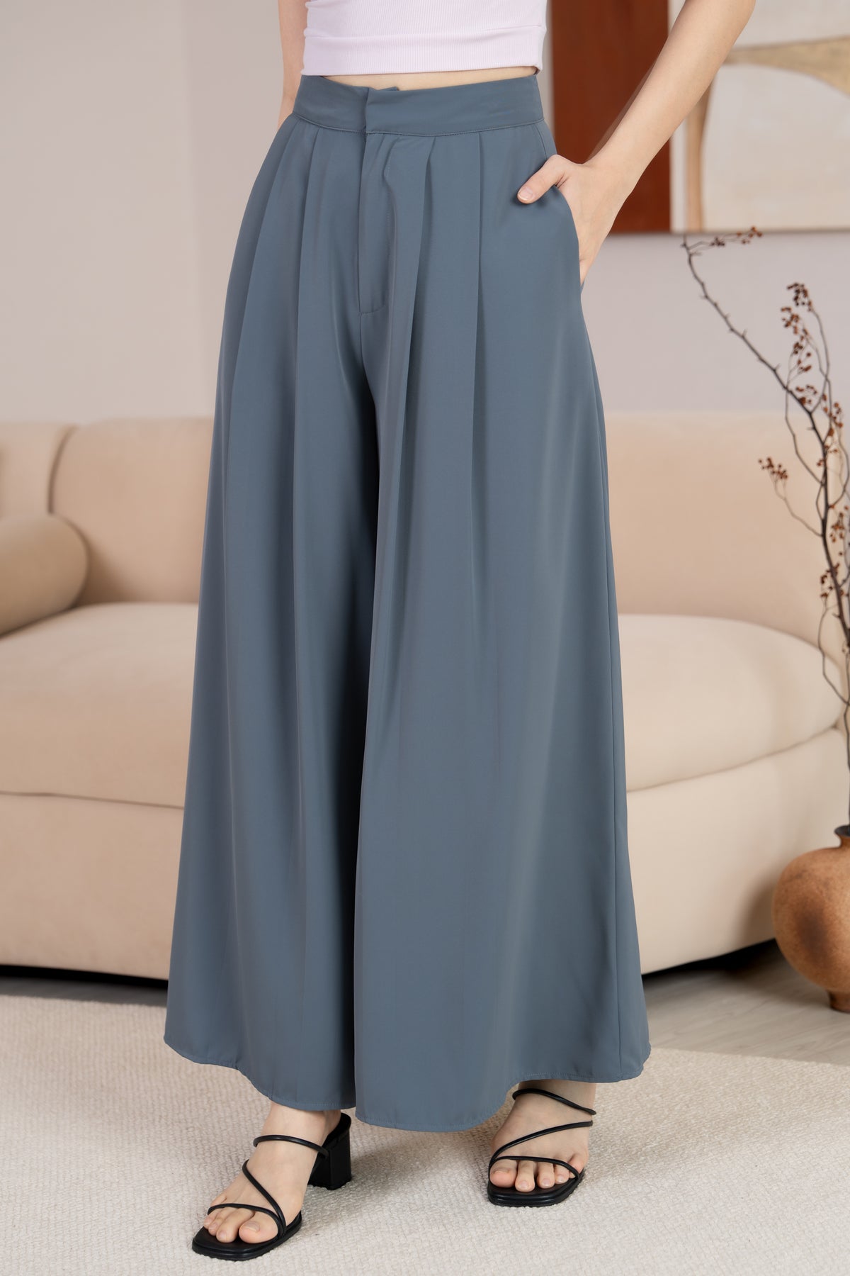 Serene Sleek Palazzo Pants in Steel Blue