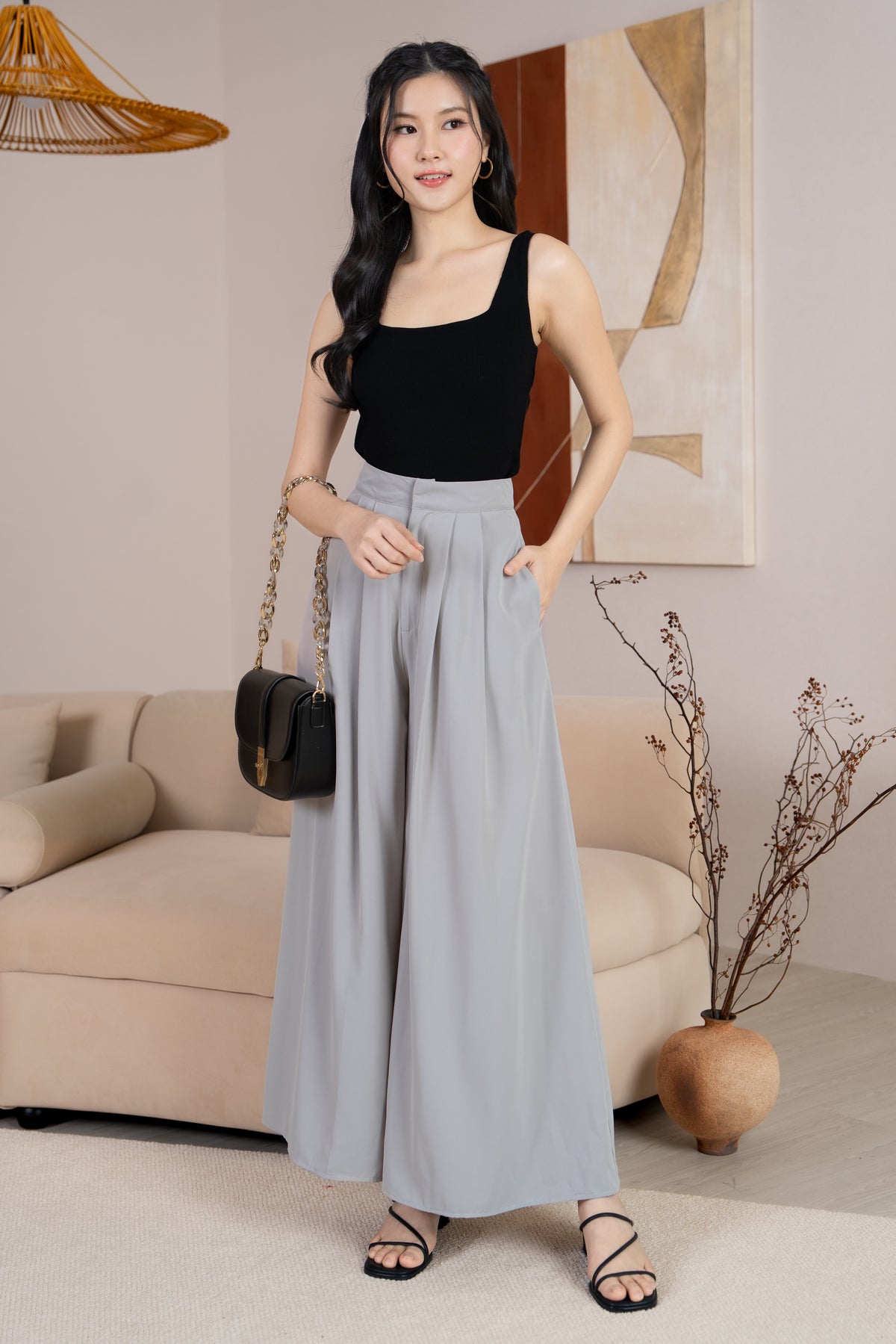 Serene Sleek Palazzo Pants in Nude Grey