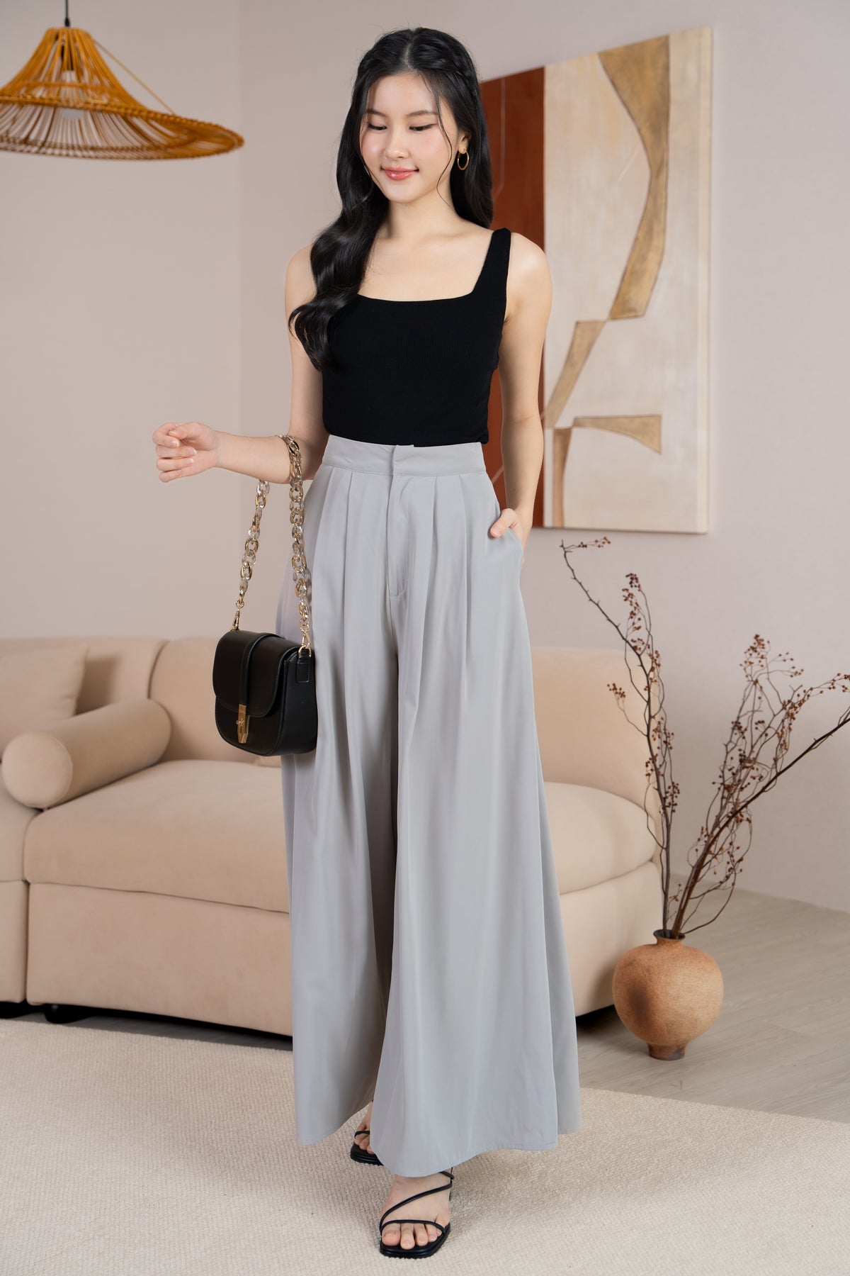 Serene Sleek Palazzo Pants in Nude Grey