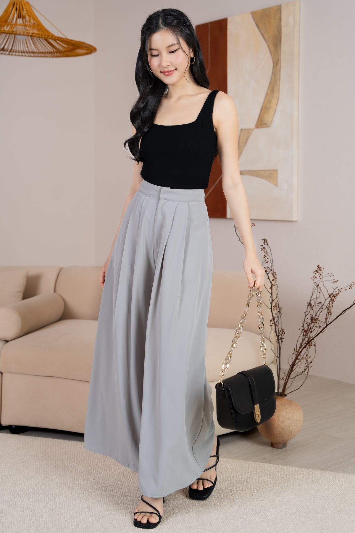 Serene Sleek Palazzo Pants in Nude Grey