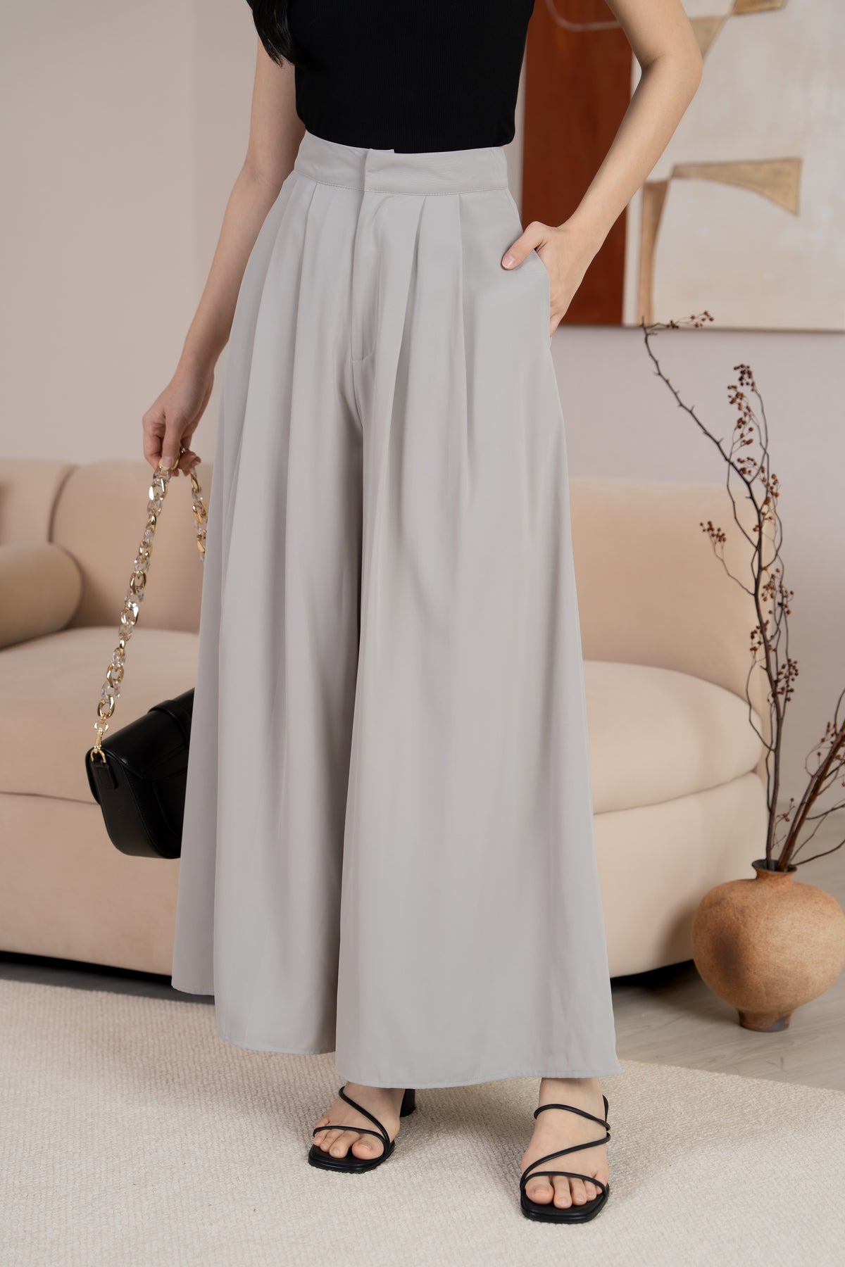 Serene Sleek Palazzo Pants in Nude Grey