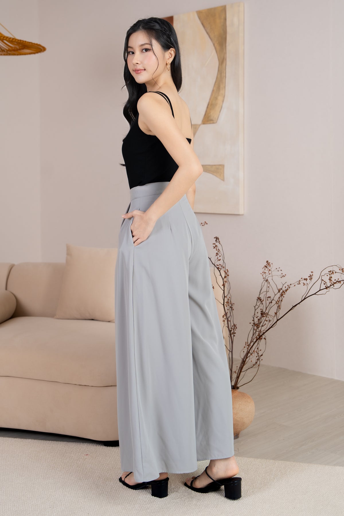 Serene Sleek Palazzo Pants in Nude Grey