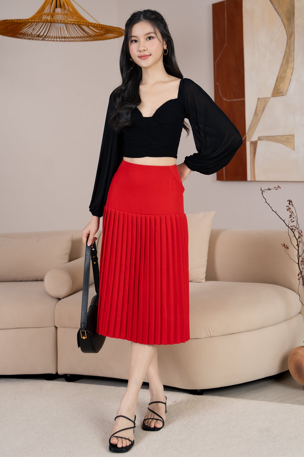 Sabrina Padded Long Sleeves Ruched Mesh Top in Black