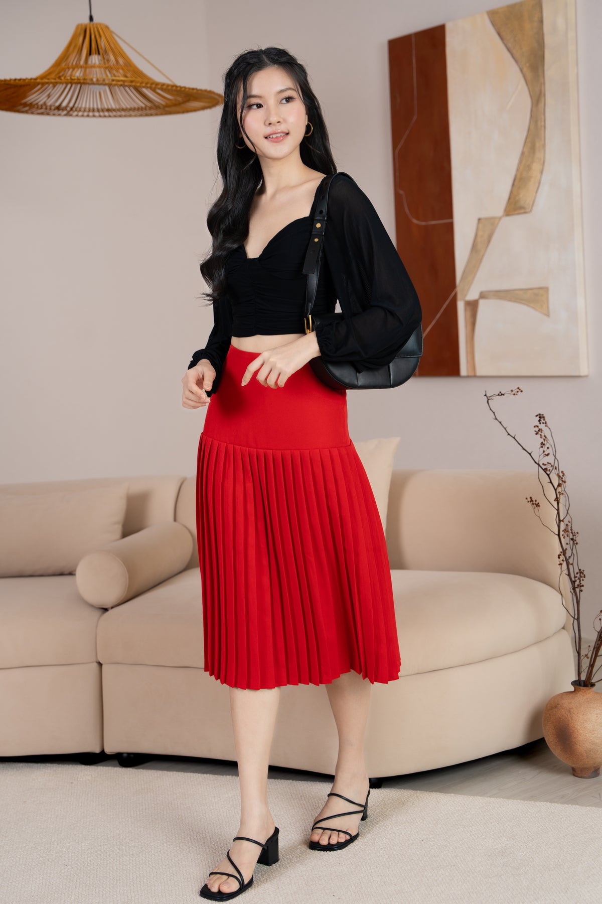 Sabrina Padded Long Sleeves Ruched Mesh Top in Black