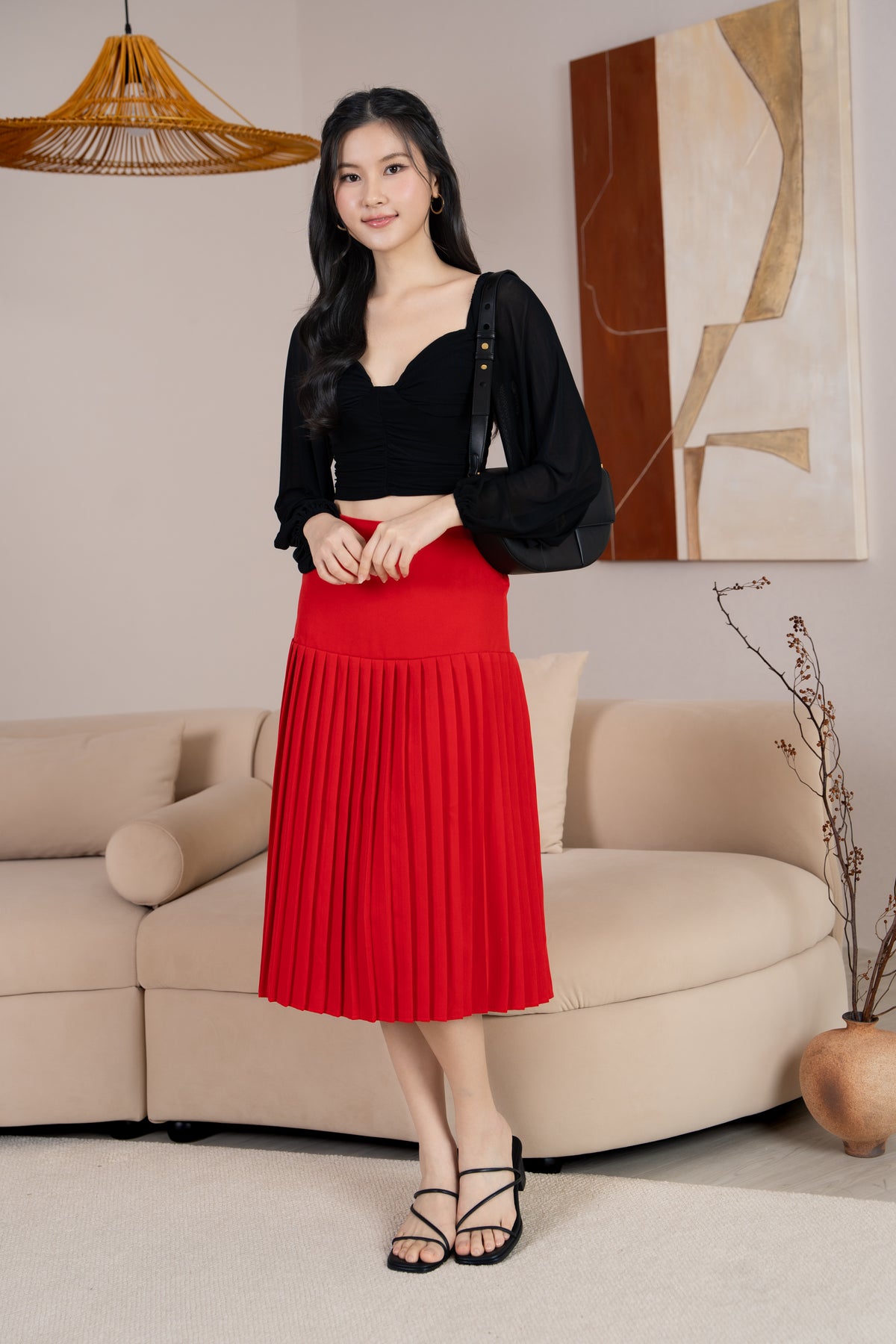 Sabrina Padded Long Sleeves Ruched Mesh Top in Black