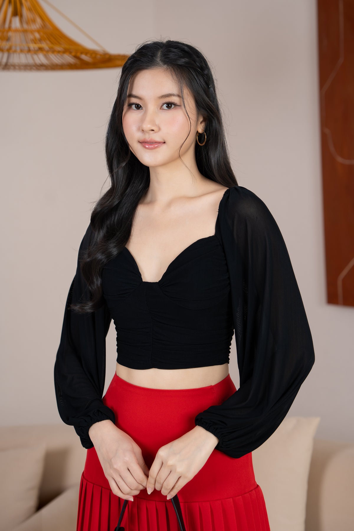 Sabrina Padded Long Sleeves Ruched Mesh Top in Black