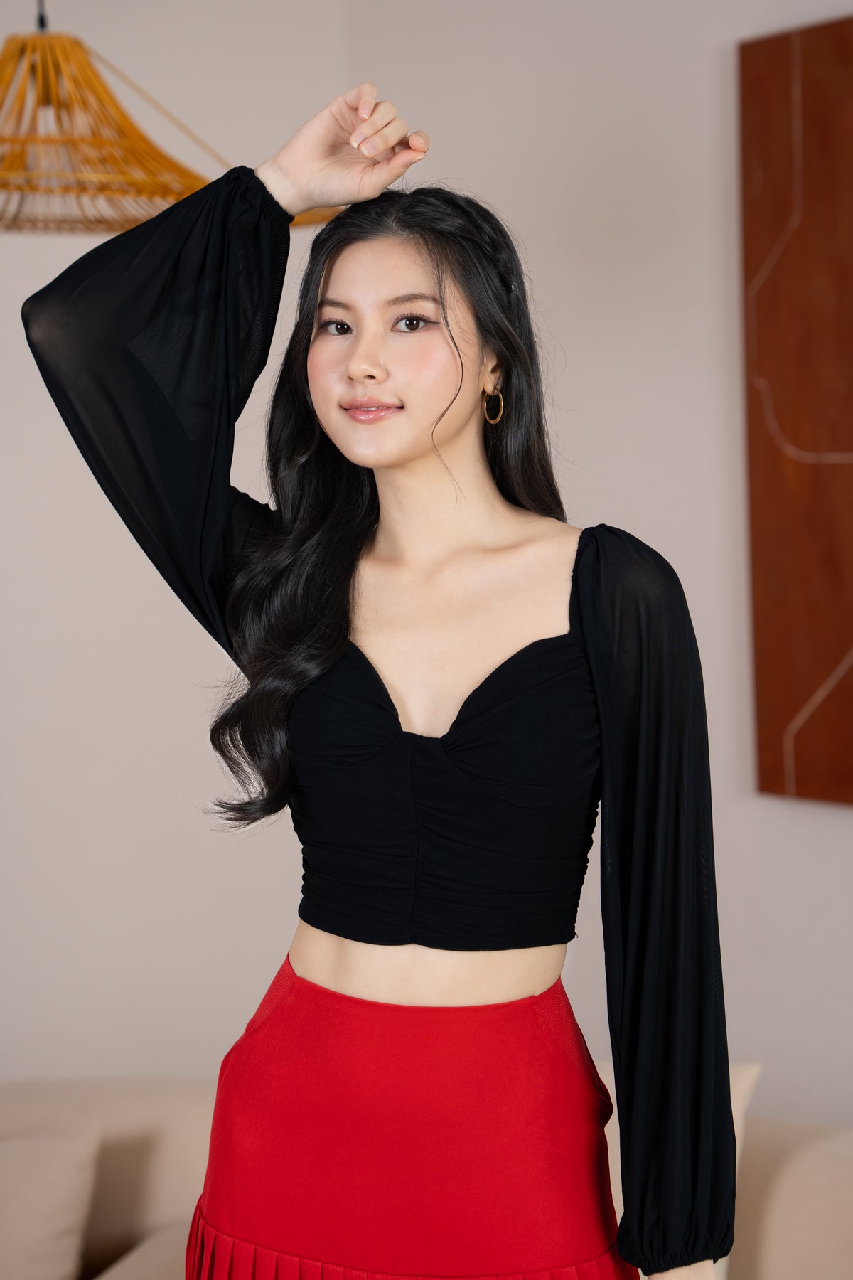 Sabrina Padded Long Sleeves Ruched Mesh Top in Black