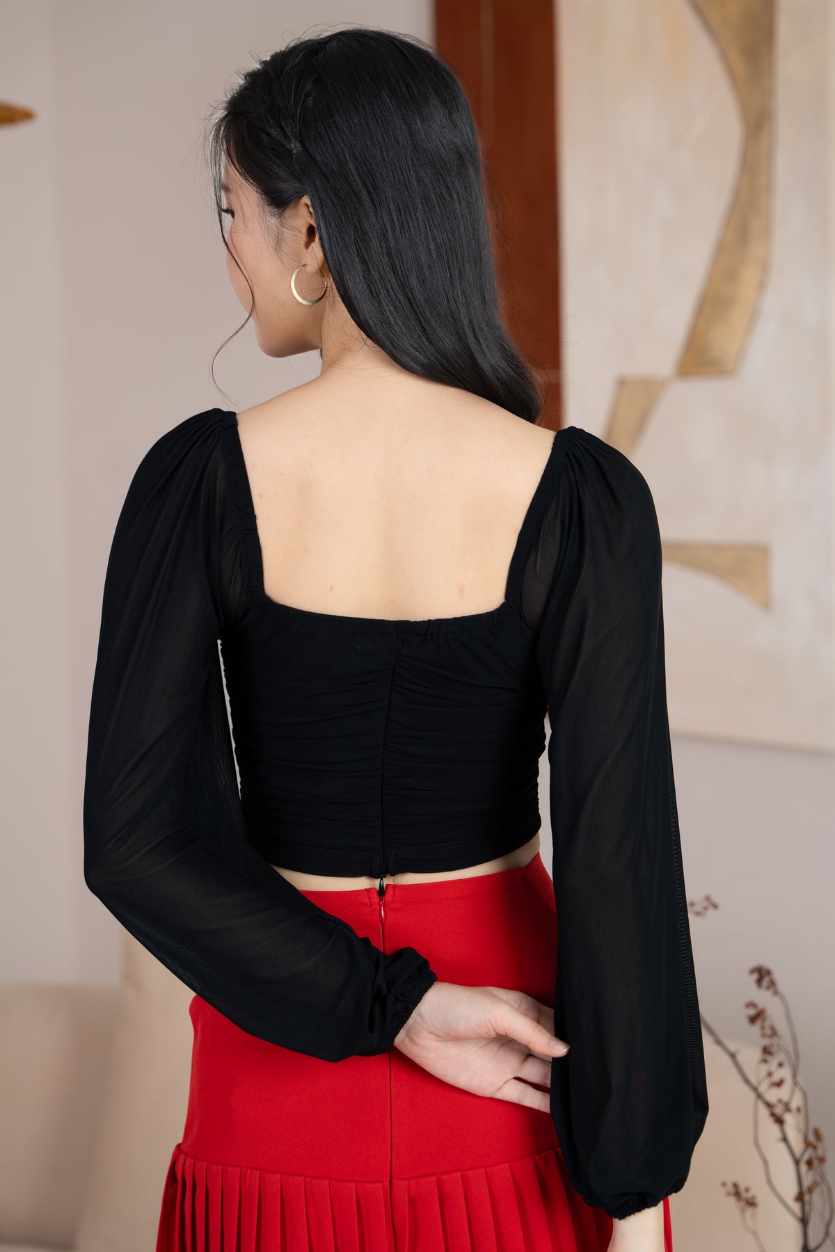 Sabrina Padded Long Sleeves Ruched Mesh Top in Black