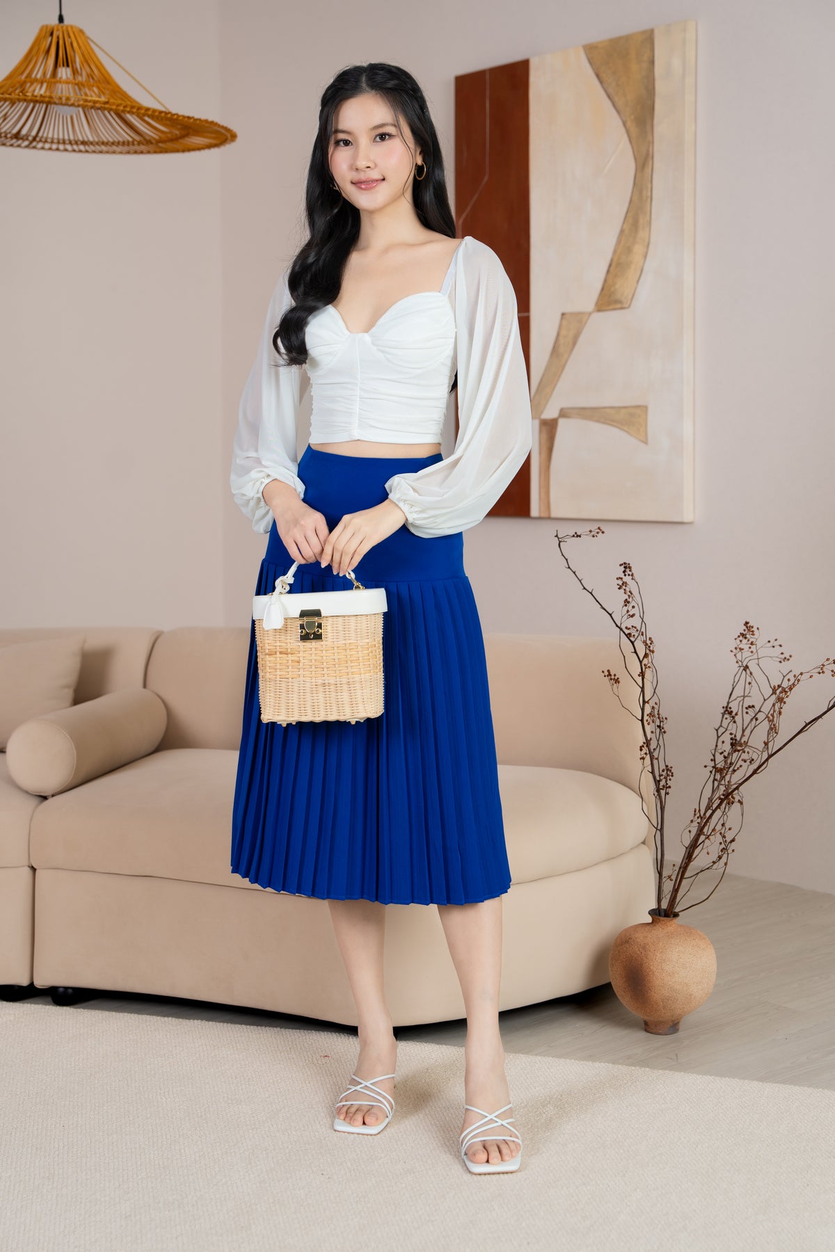 Sabrina Padded Long Sleeves Ruched Mesh Top in White