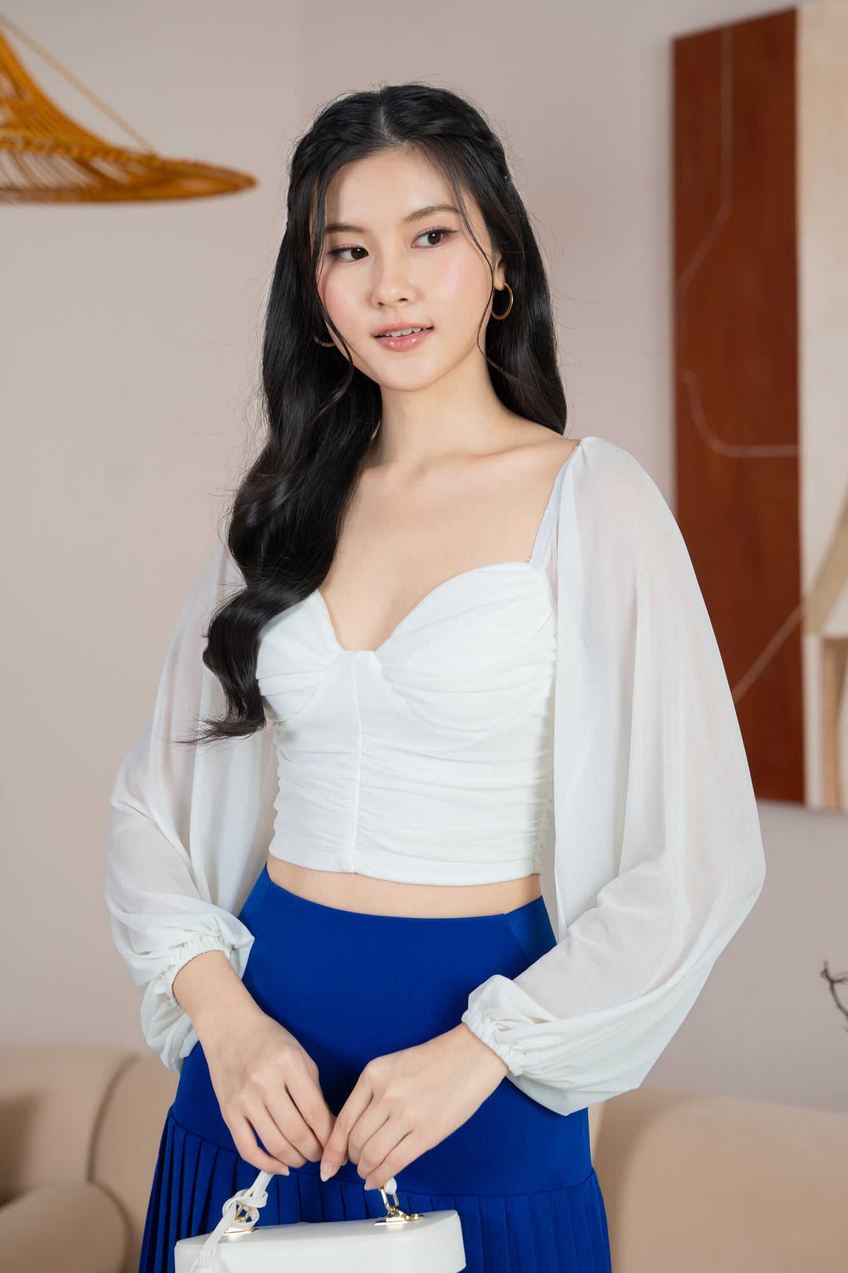 Sabrina Padded Long Sleeves Ruched Mesh Top in White