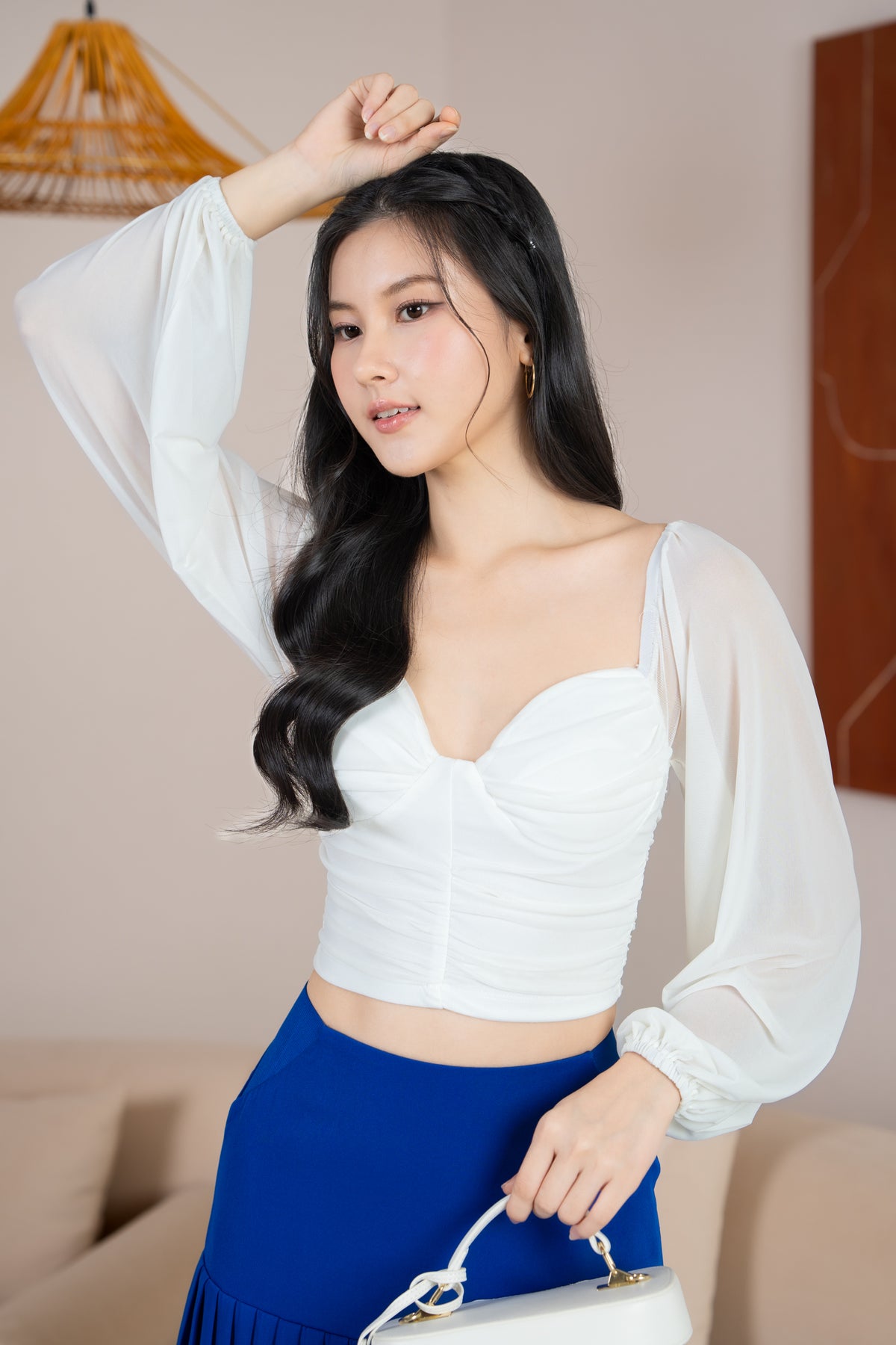 Sabrina Padded Long Sleeves Ruched Mesh Top in White