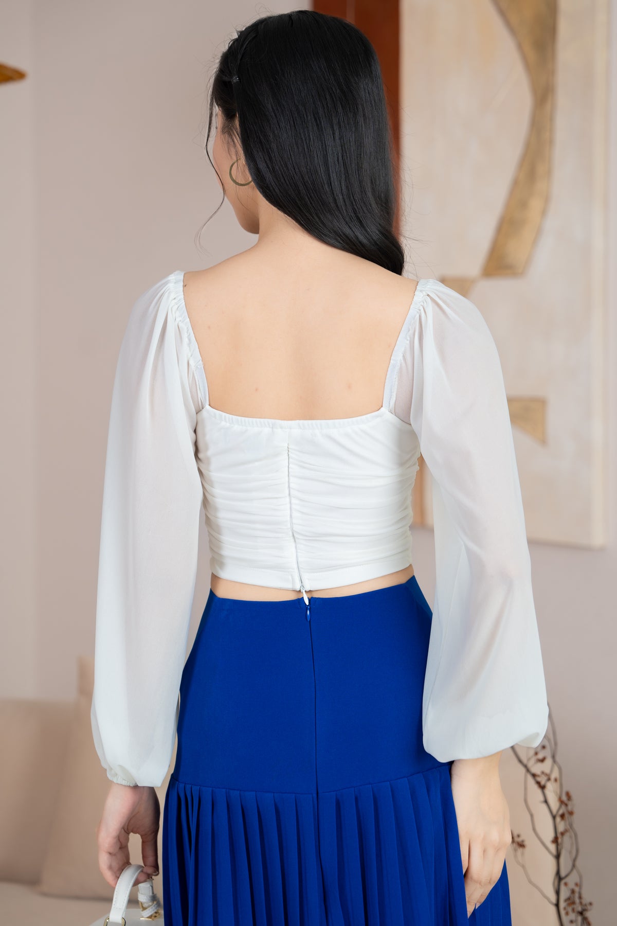 Sabrina Padded Long Sleeves Ruched Mesh Top in White