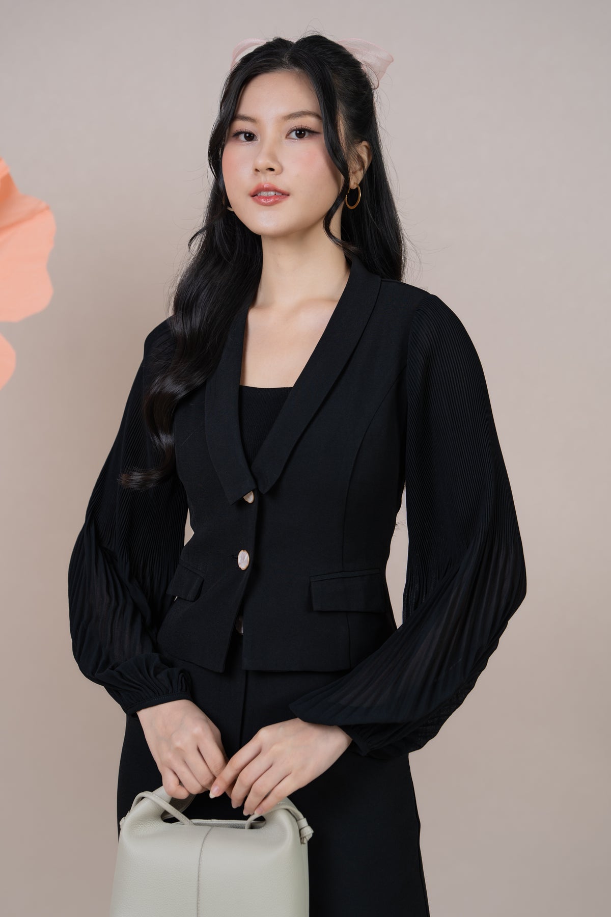 Crystal Button Pleated Sleeves Blazer Top in Black
