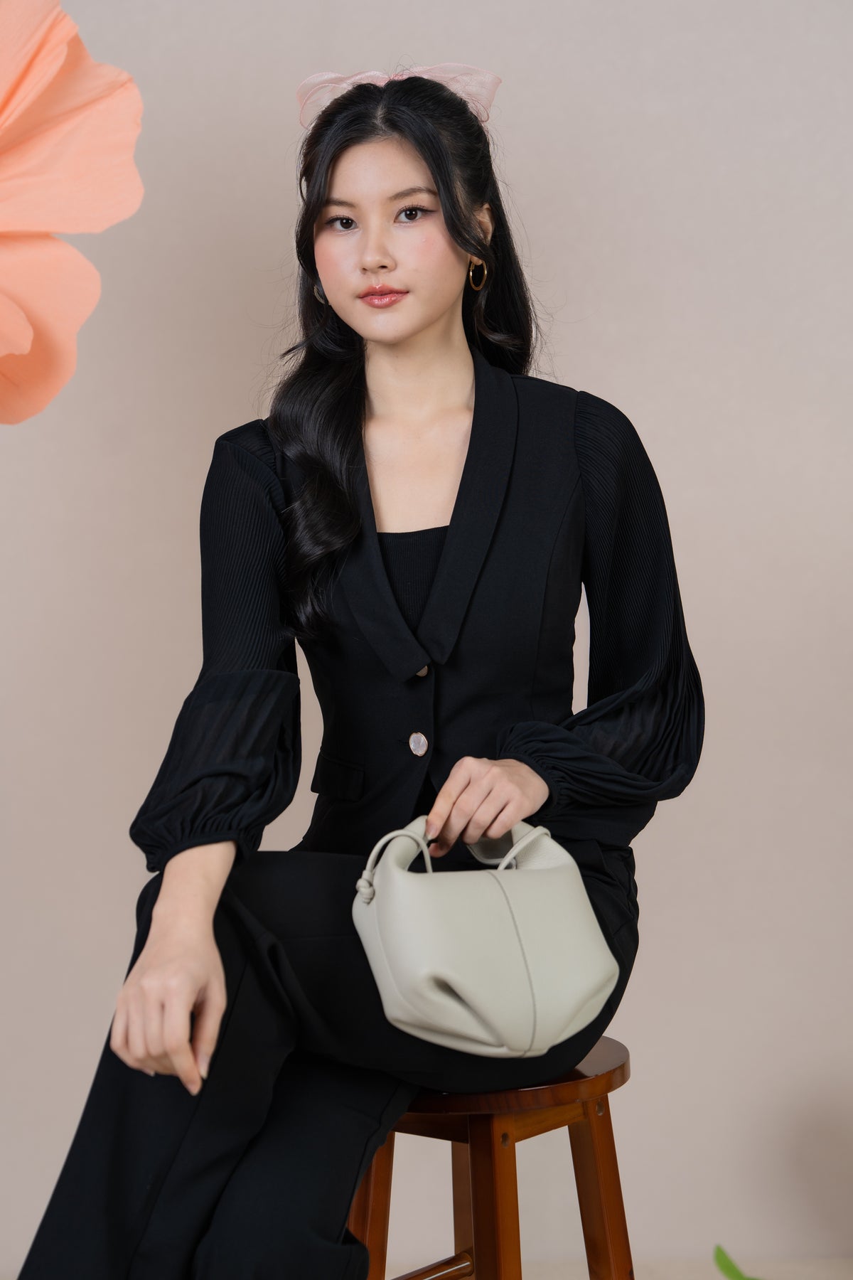 Crystal Button Pleated Sleeves Blazer Top in Black