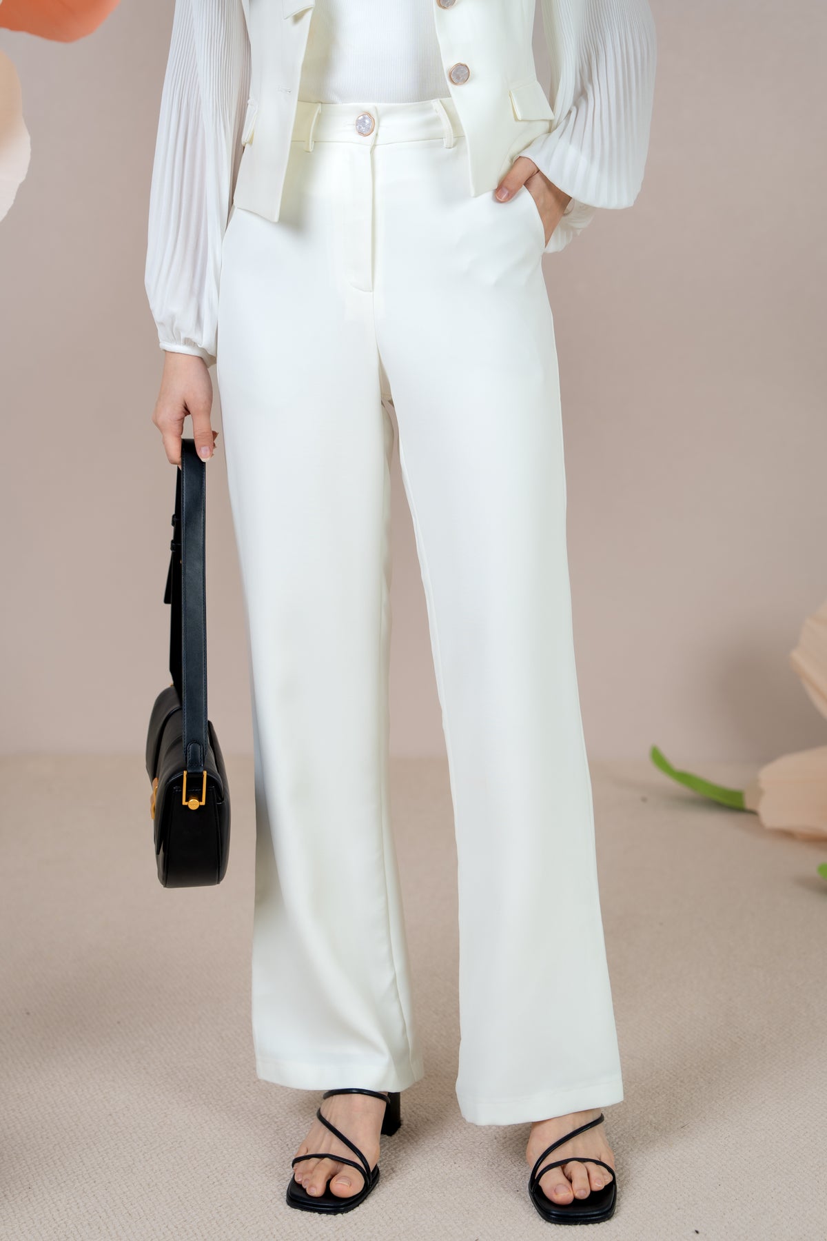 Crystal Button Pants in White