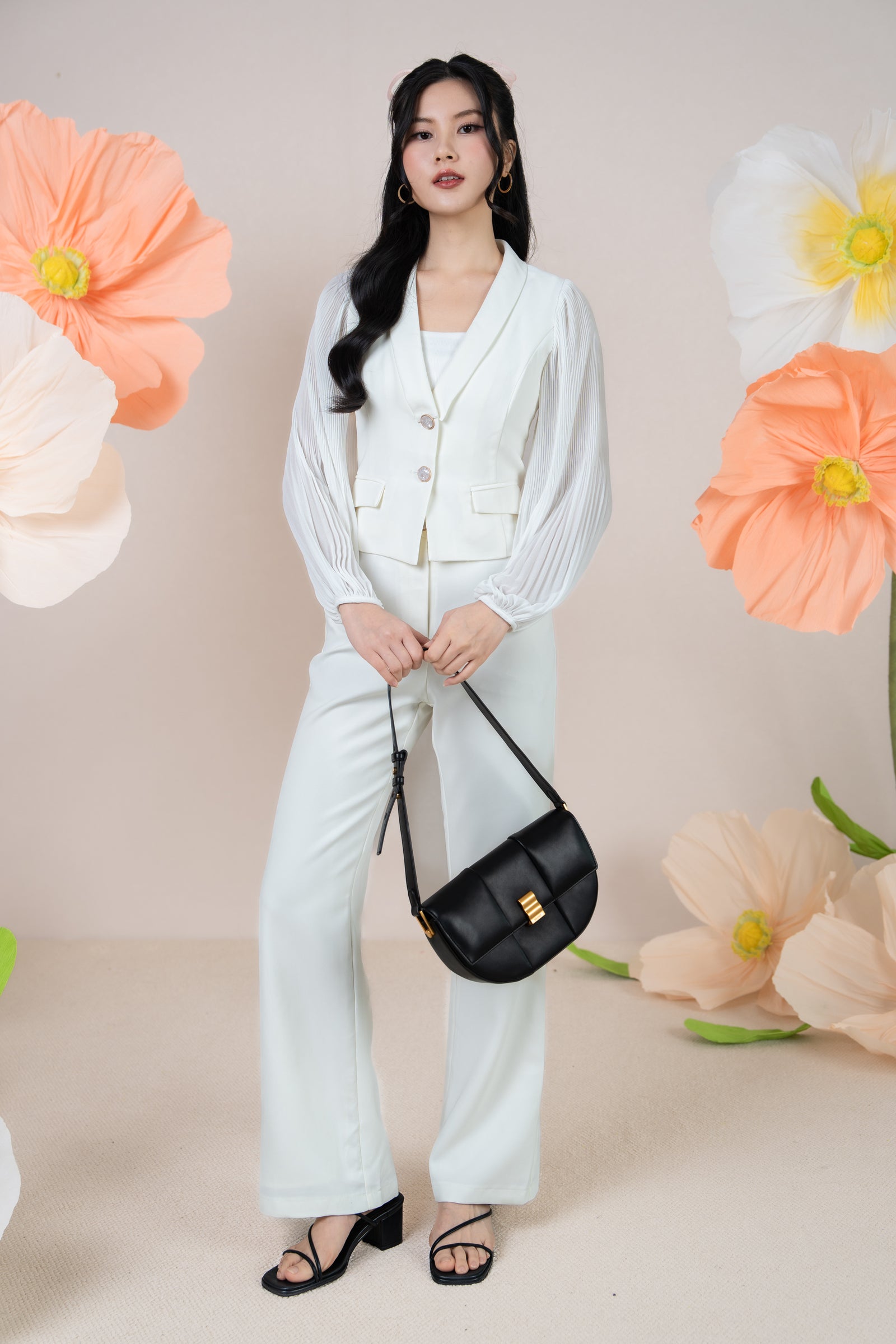 Crystal Button Pleated Sleeves Blazer Top in White