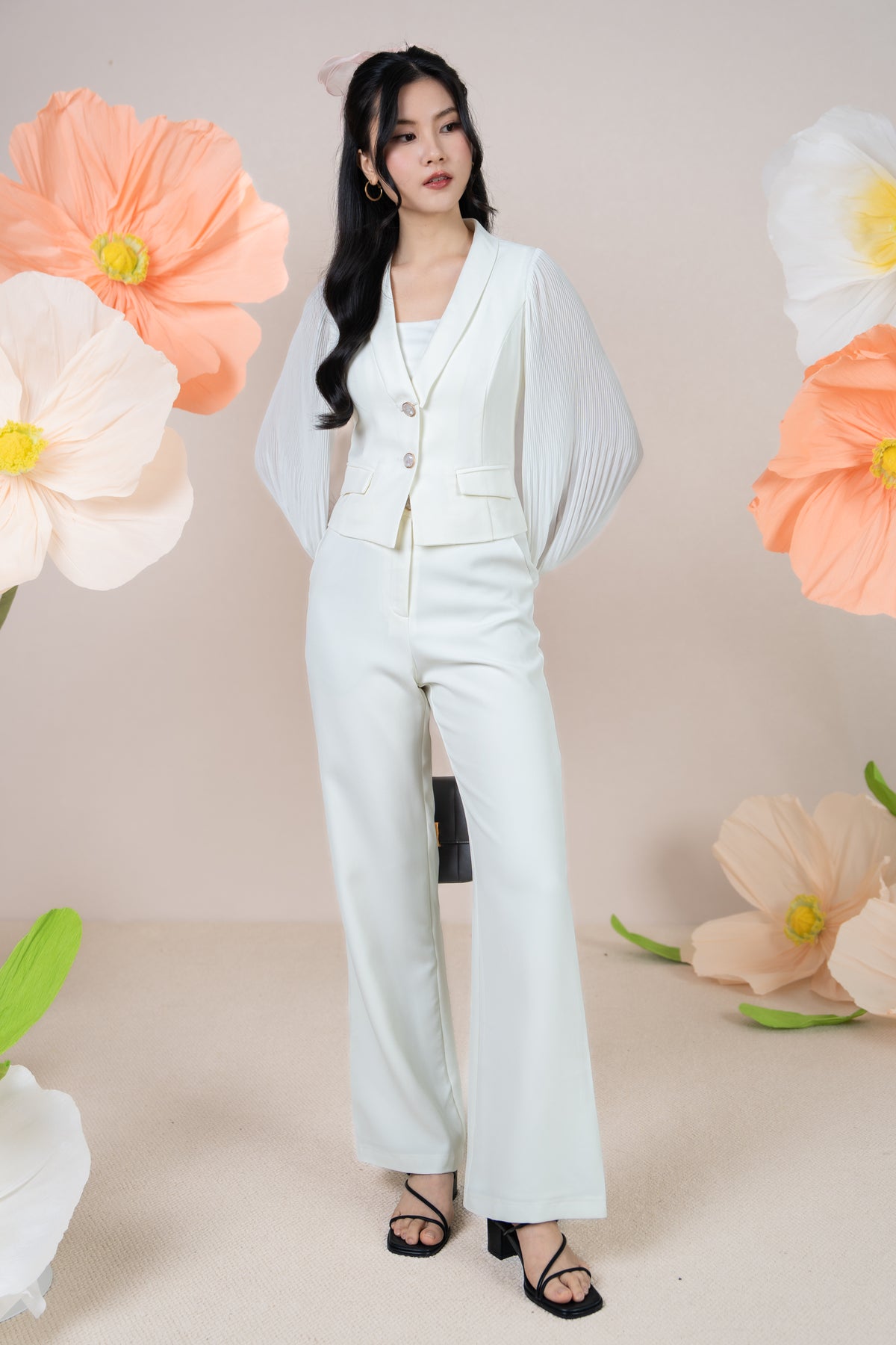 Crystal Button Pleated Sleeves Blazer Top in White